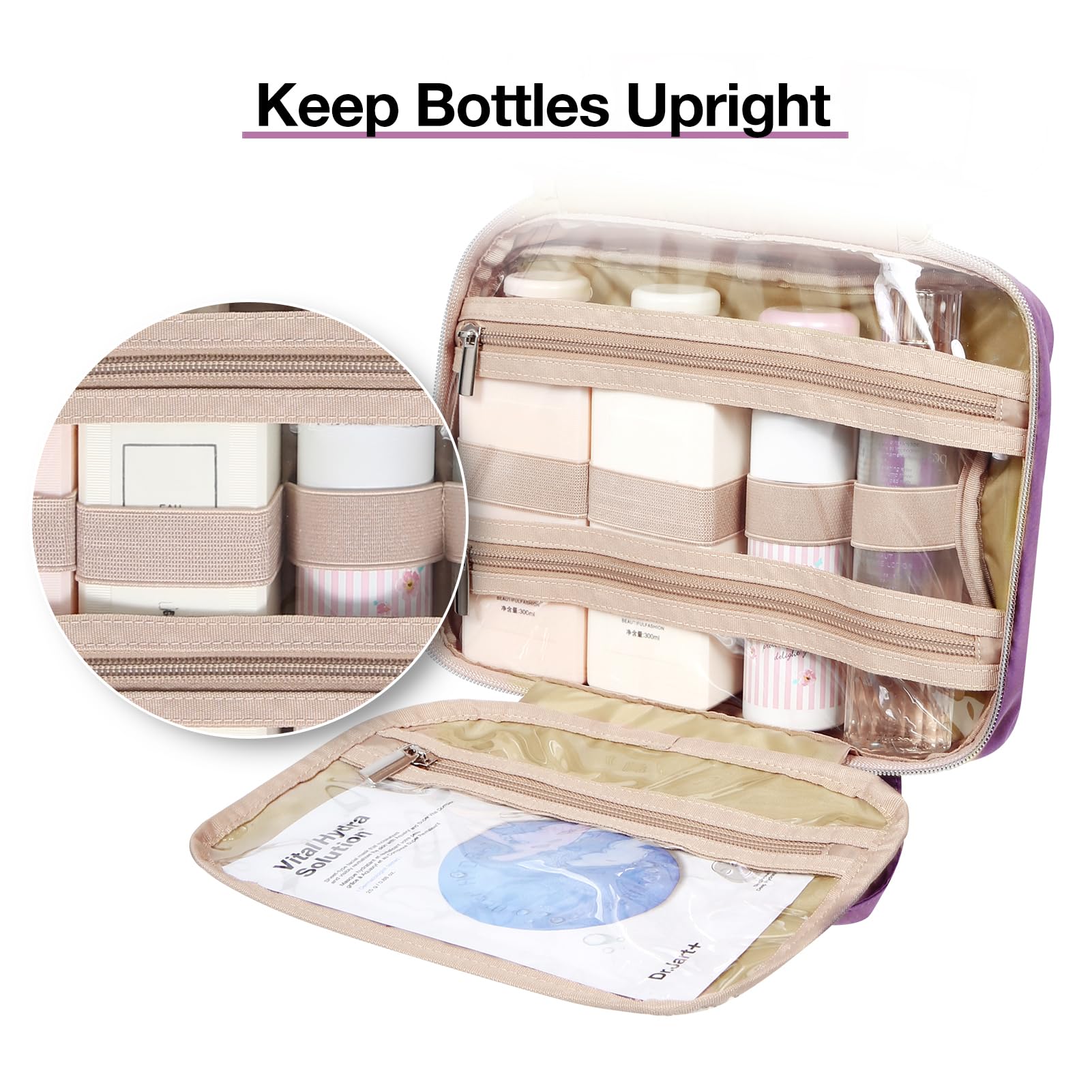 BAGSMART Hanging Toiletry Bag for Travel - Large TSA Approved Transparent Cosmetic Organizer with Full Size Toiletries Capacity, Purple | Perfect for Air Travel, Camping & Gym Essentials Organization