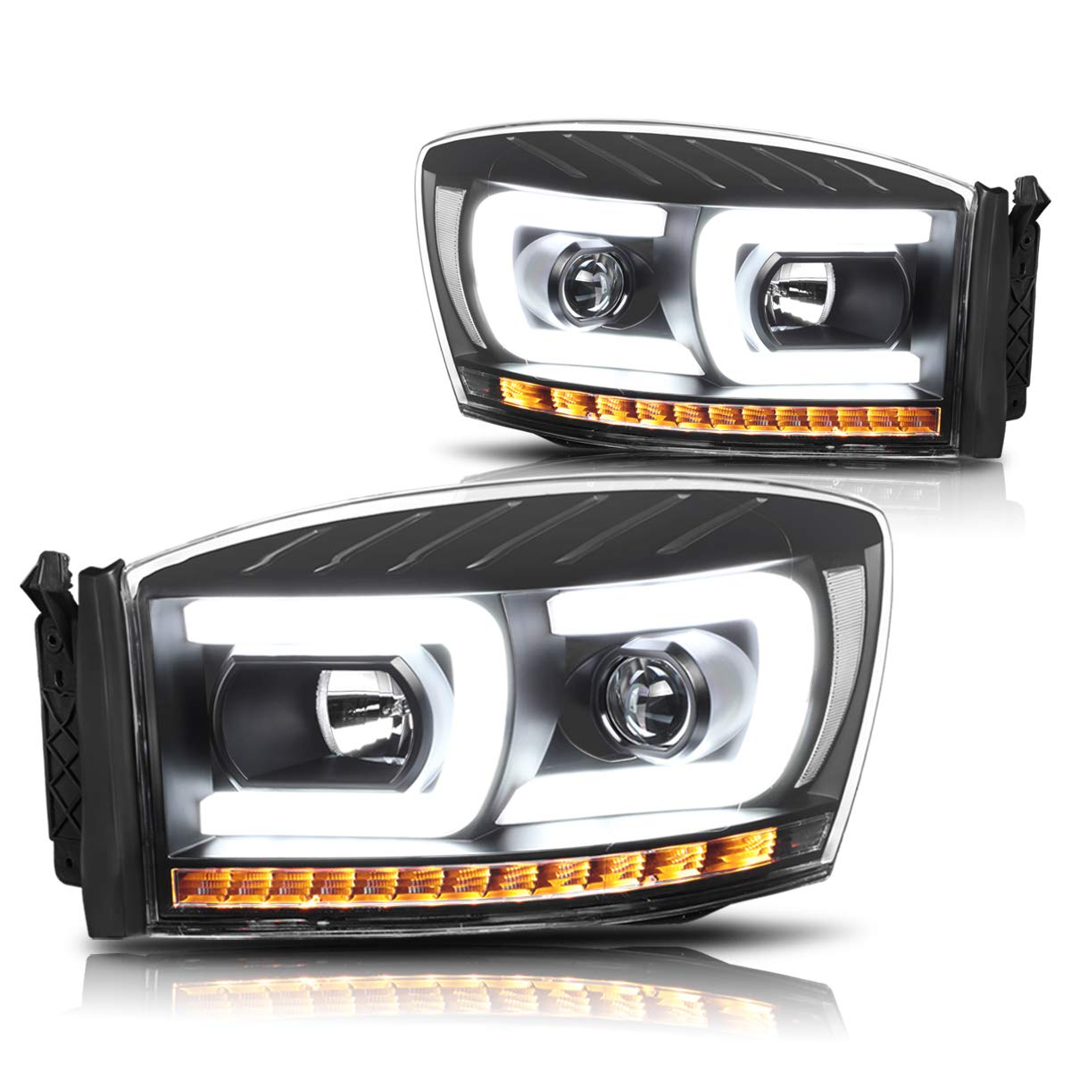 PM PERFORMOTOR C-Bar LED DRL Sequential Turn Signal Projector Headlights Assembly - Compatible with 2006-2009 Dodge Ram 1500/2500/3500 (Black Housing, Clear Lens) - Upgrade for Better Visibility & Style at Night Driving