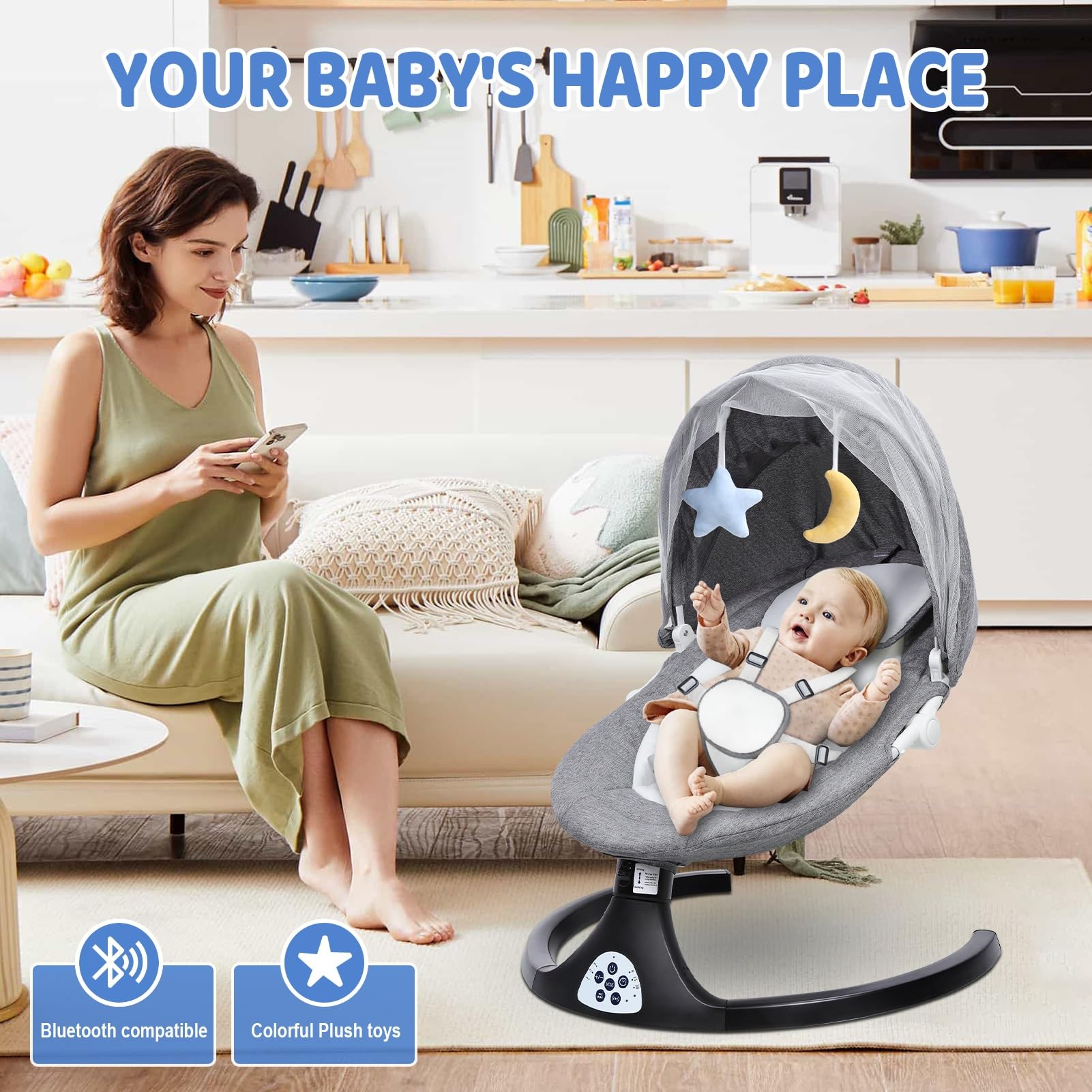 Fukursul Electric Baby Swing with Smart Sensor & Safety Harness - Bluetooth Remote Control Adjustable Infant Rocker with Soothing Music & Plush Toys | Perfect for Nursery, Daycare & Calming Fussy Babies