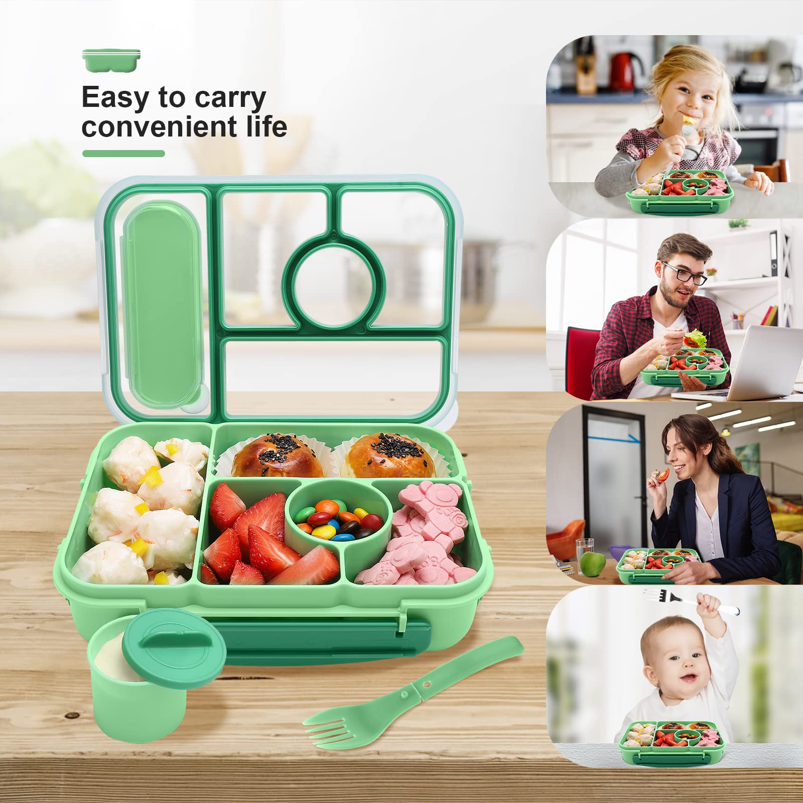 5-Compartment Bento Lunch Box for Adults & Kids - Microwave, Dishwasher & Freezer Safe with Sauce Containers | Perfect for School, Office, Picnics & Meal Prep (Green)