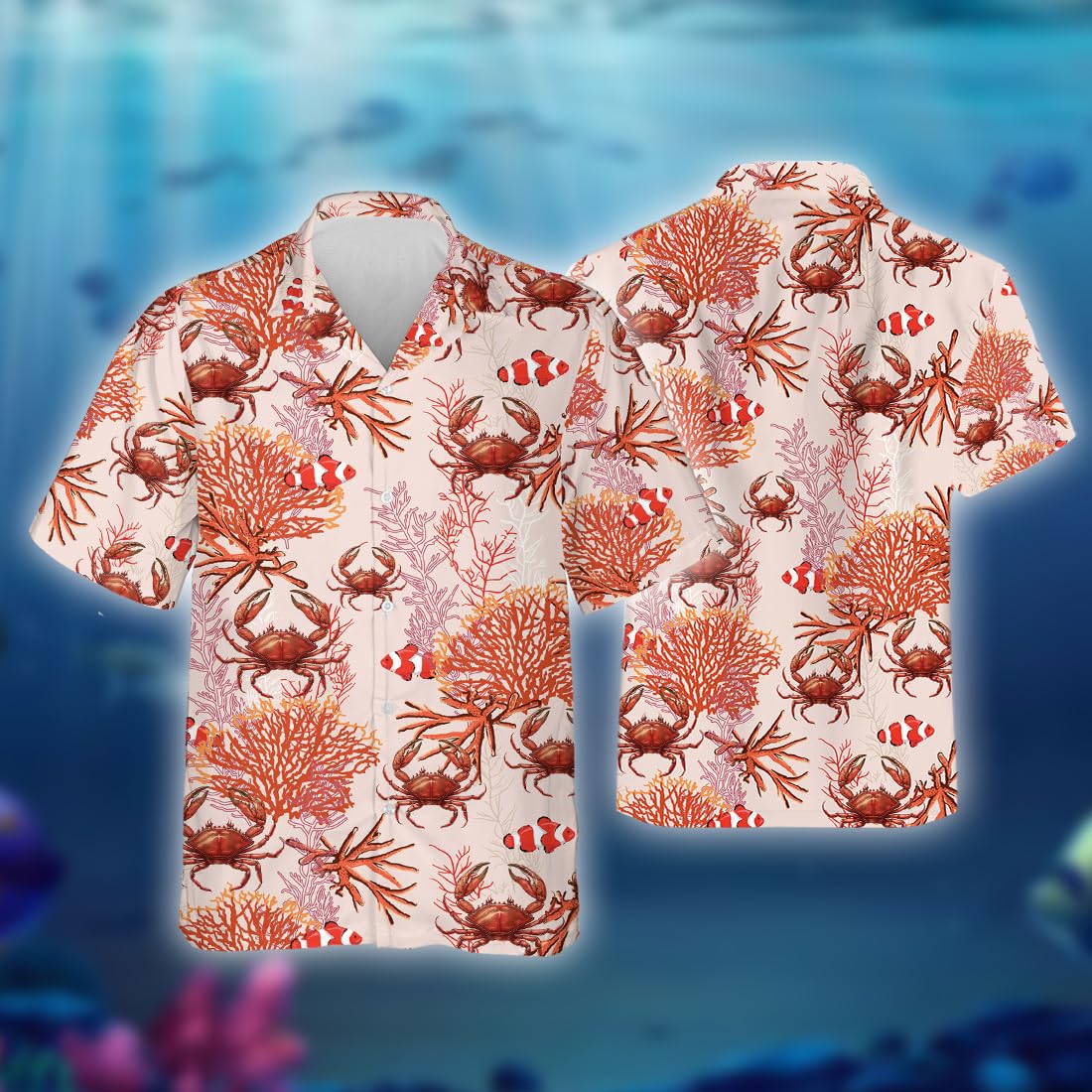 Crab King Hawaiian Shirts for Men - Tropical Ocean Life Button Down Short Sleeve Shirt | Breathable Summer Beachwear for Vacation, Luau Party & Casual Outings