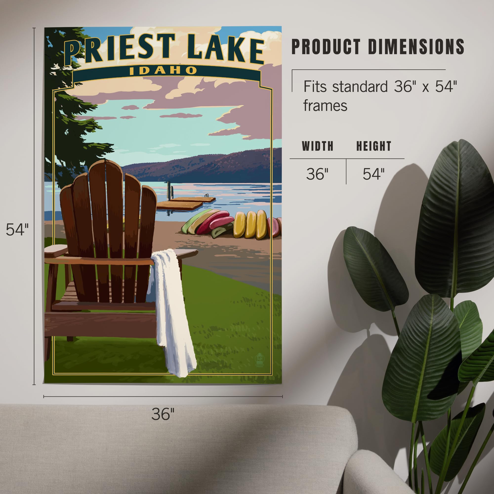Lantern Press 36x54 Inch Giclee Art Print - Priest Lake Idaho Landscape Wall Decor with Chairs and Lake Scene - Perfect for Living Room, Bedroom or Office Decor