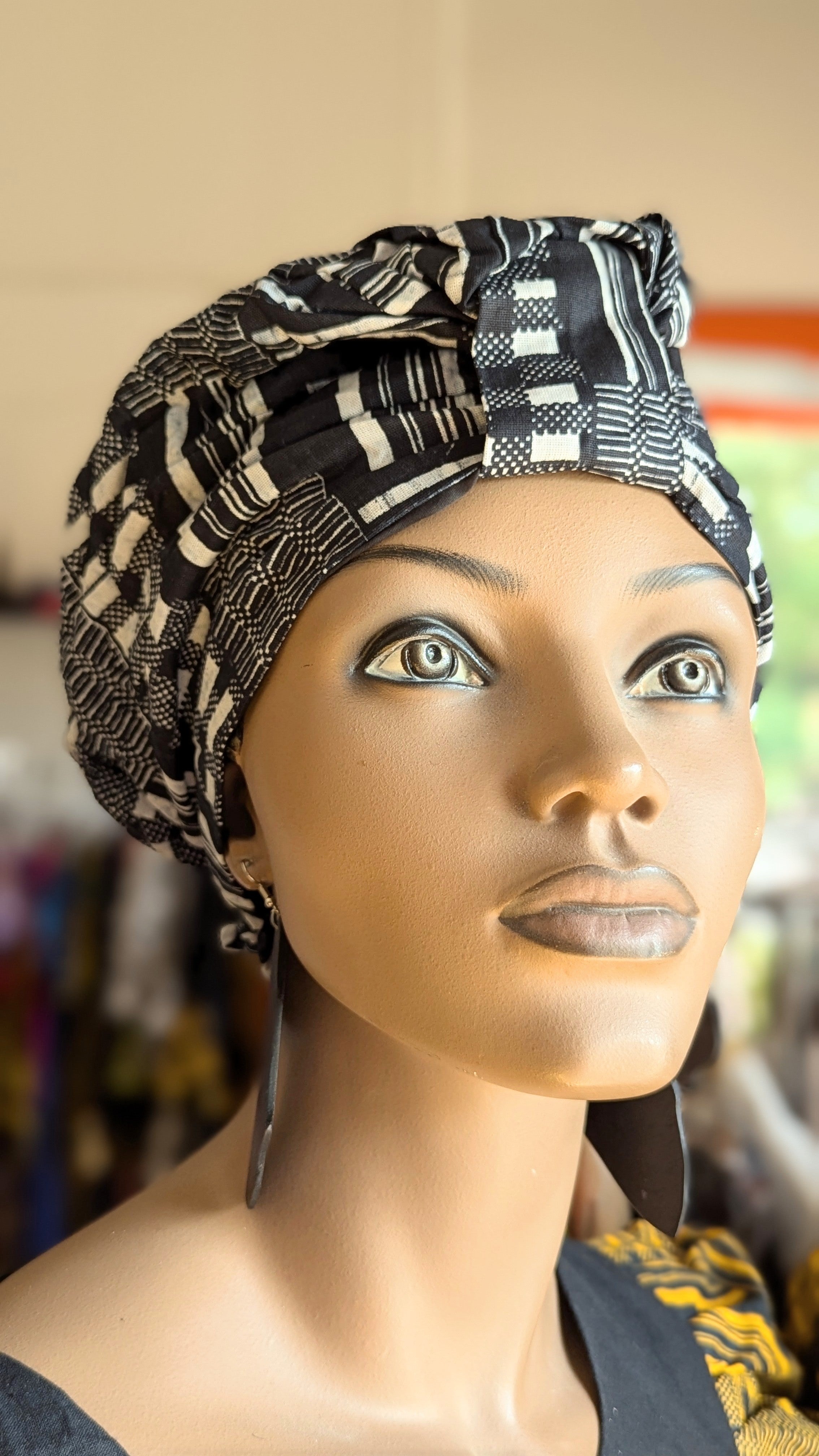 Eshe Black and White Kente African Print Pre-Tied Head Wrap by Dupsie - Stylish Hair Accessory for Women - Perfect for Church, Weddings & Cultural Events (DPB0795PT6)