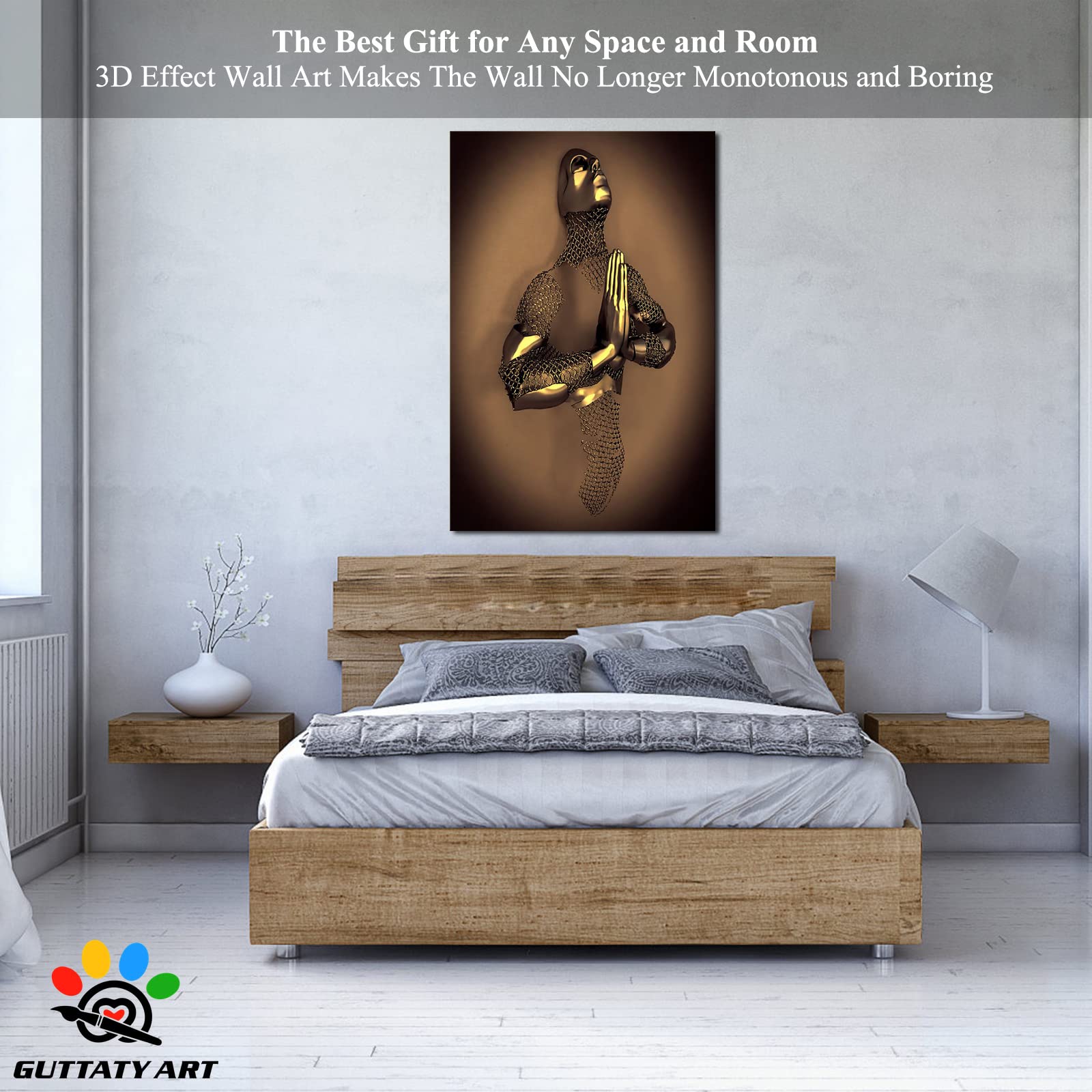 3D Metal Heart Gold Wall Art - Gray & Gold 3D Canvas Art for Living Room & Bedroom - Modern Yoga Pose Wall Decor - Valentine's Day Gift for Couples - 32x48 Inches - Perfect for Home Decor, Meditation Spaces & Romantic Bedrooms