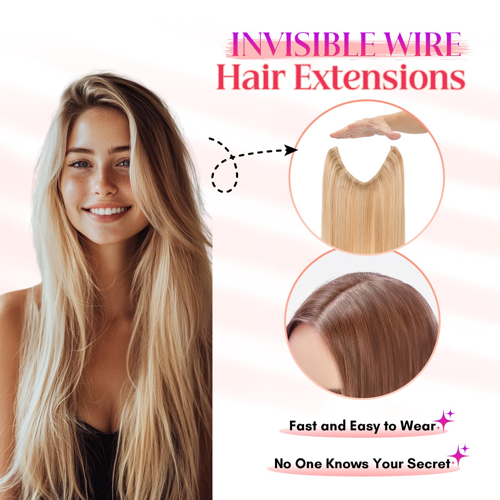 Rich Choices 100% Real Human Hair Halo Extensions - 22 Inch Invisible Wire Remy Hair Extensions for Women (Ash Blonde Highlight Bleach Blonde) | Perfect for Weddings, Parties & Daily Styling
