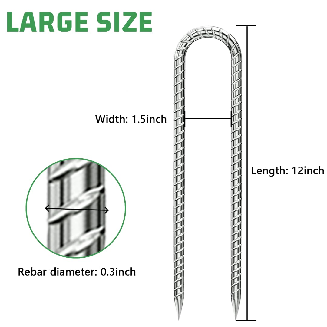 Heavy Duty 12-Inch Galvanized Rebar Stakes - U-Hook Ground Anchors for Camping Tent, Trampoline, Dog Fence, Chicken Coop & Deer Fence (4 Pack) - Rustproof Outdoor Accessories for Secure Anchoring