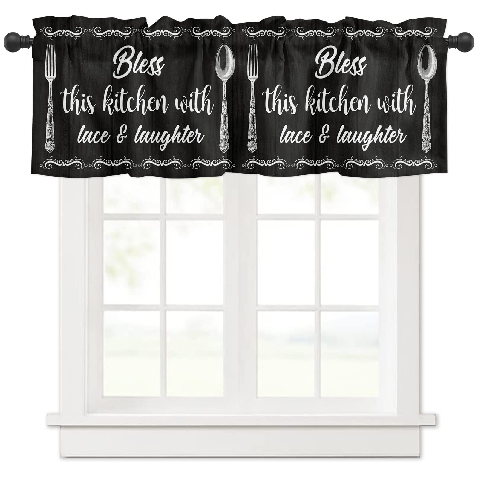 Bless This Kitchen Window Valance Curtain - Motto Design with Knife & Fork Pattern, 54x18 Inch Rod Pocket Short Curtain Panel for Kitchen, Bathroom, Bedroom - Perfect for Farmhouse, Cottage & Rustic Home Decor
