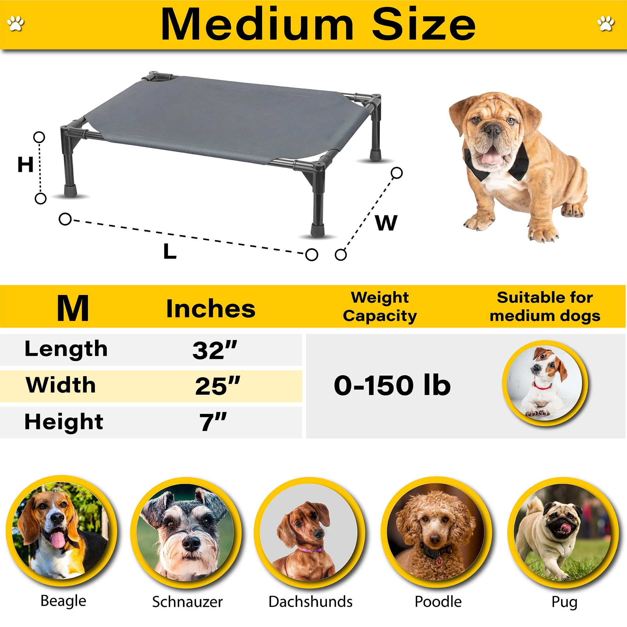 **Elevated Dog Bed - Cooling Raised Pet Cot for Small, Medium & Large Dogs - Breathable Mesh Washable Outdoor Dog Bed (Medium, Grey, 32