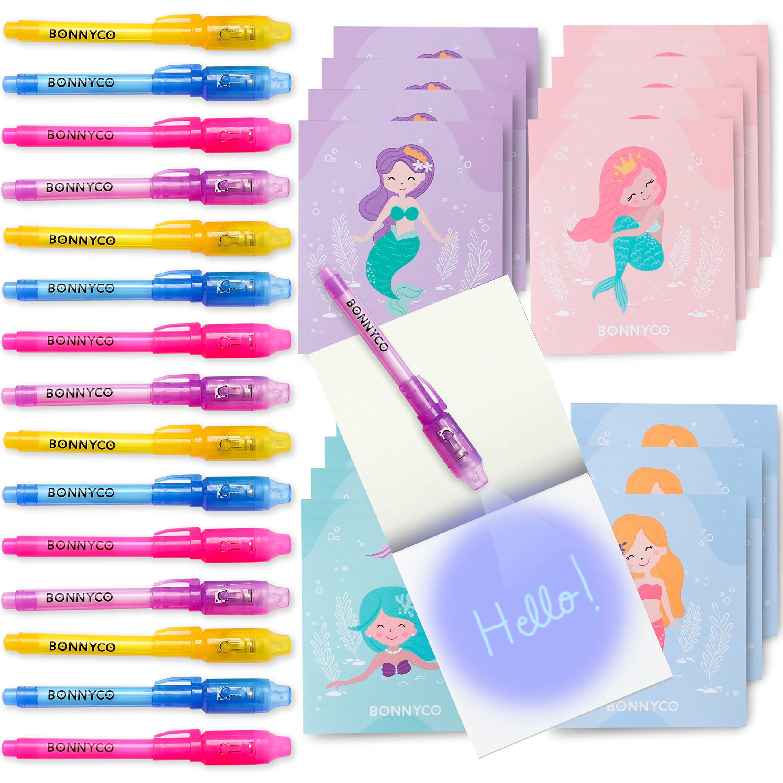 BONNYCO 16-Pack Invisible Ink Pen and Notebook Set for Kids - Mermaid Themed Spy Writing Kit, Magic Secret Message Pens for Birthday Party Favors & School Prizes | Perfect for Mermaid Parties, Classroom Rewards & Creative Play