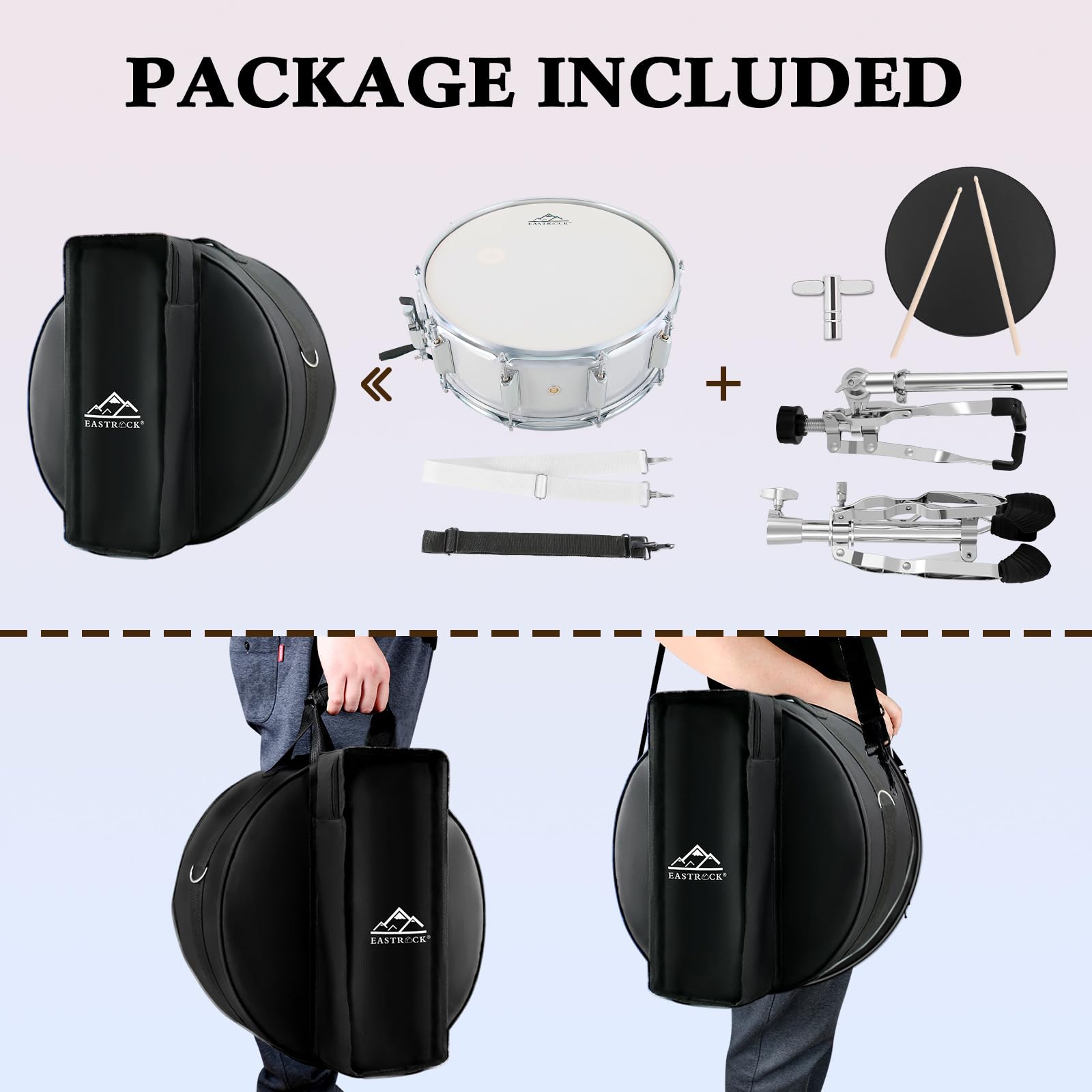 EASTROCK 14x5.5 Inch Snare Drum Set for Beginners - Includes Gig Bag, Drumsticks, Stand & Keys - Coated White Drum Head - Perfect for School Band, Practice & Live Performances