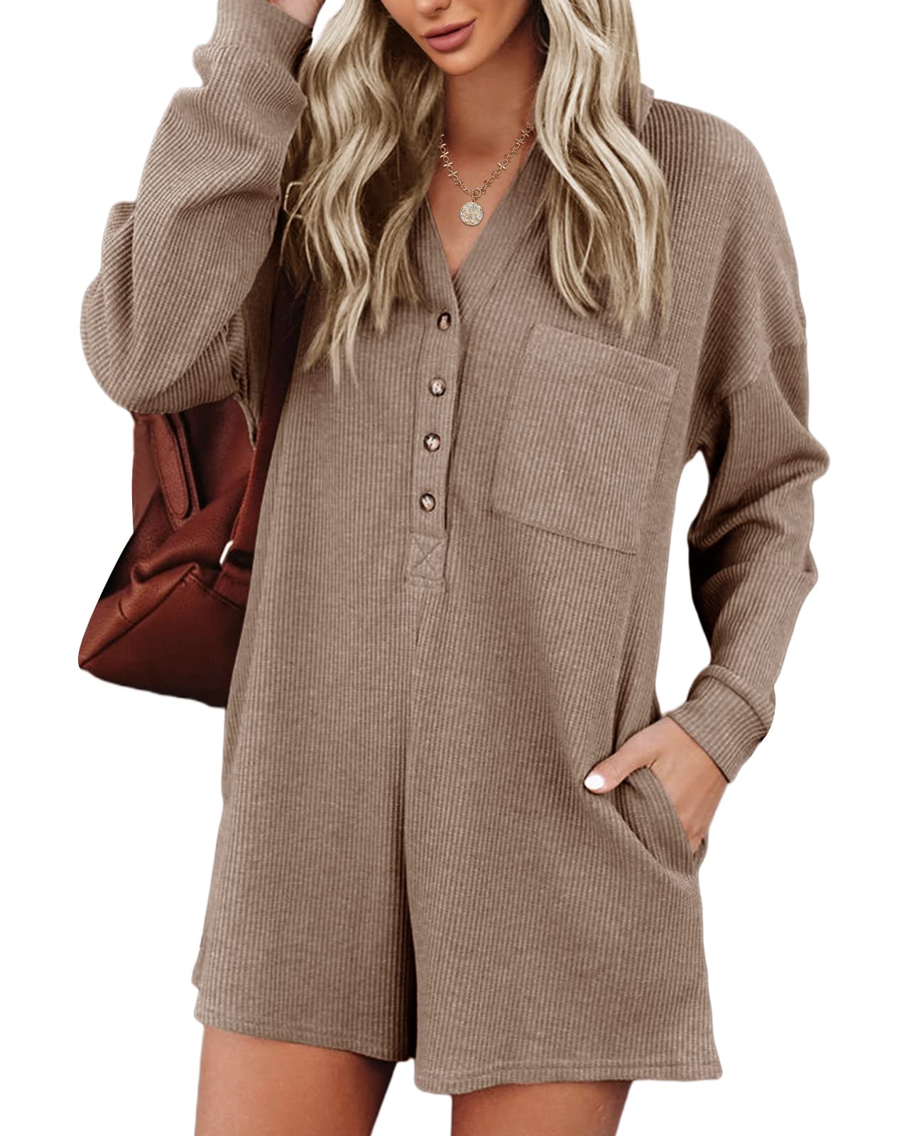 Saodimallsu Women's V-Neck Button Romper - Casual Waffle Knit Short Sleeve Jumpsuit with Pocket | Summer Outfit, Beach Wear, Vacation Clothes