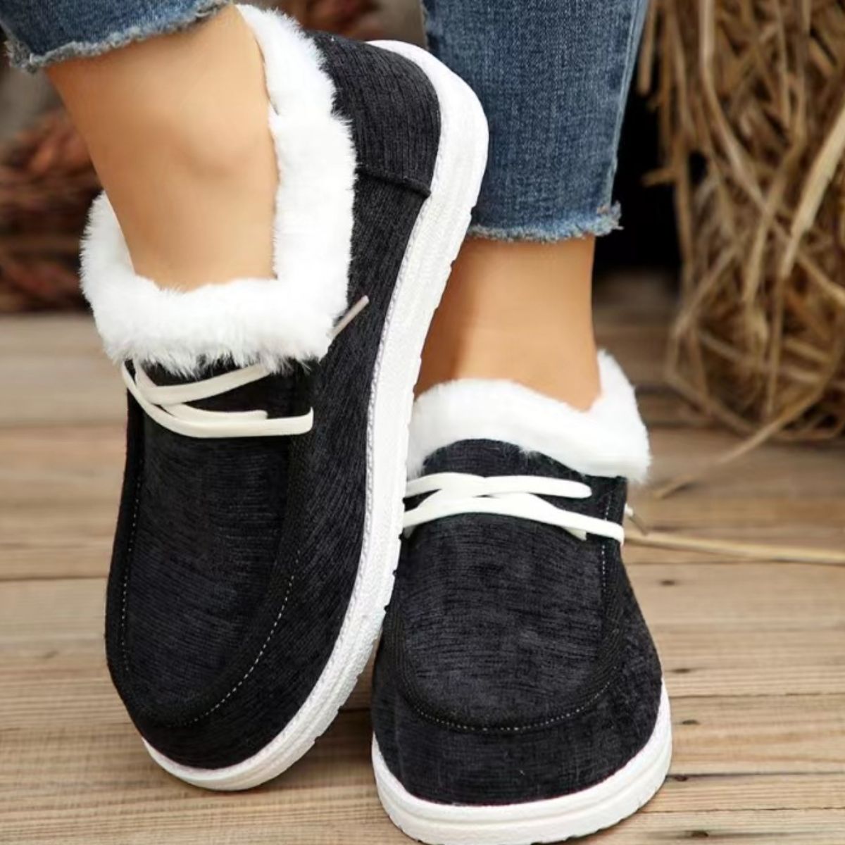 Lace Up Round Toe Furry Sneakers - Women's Winter Fashion Shoes for Casual Wear & Outdoor Activities | Cozy & Stylish for Daily Use, Shopping & Travel
