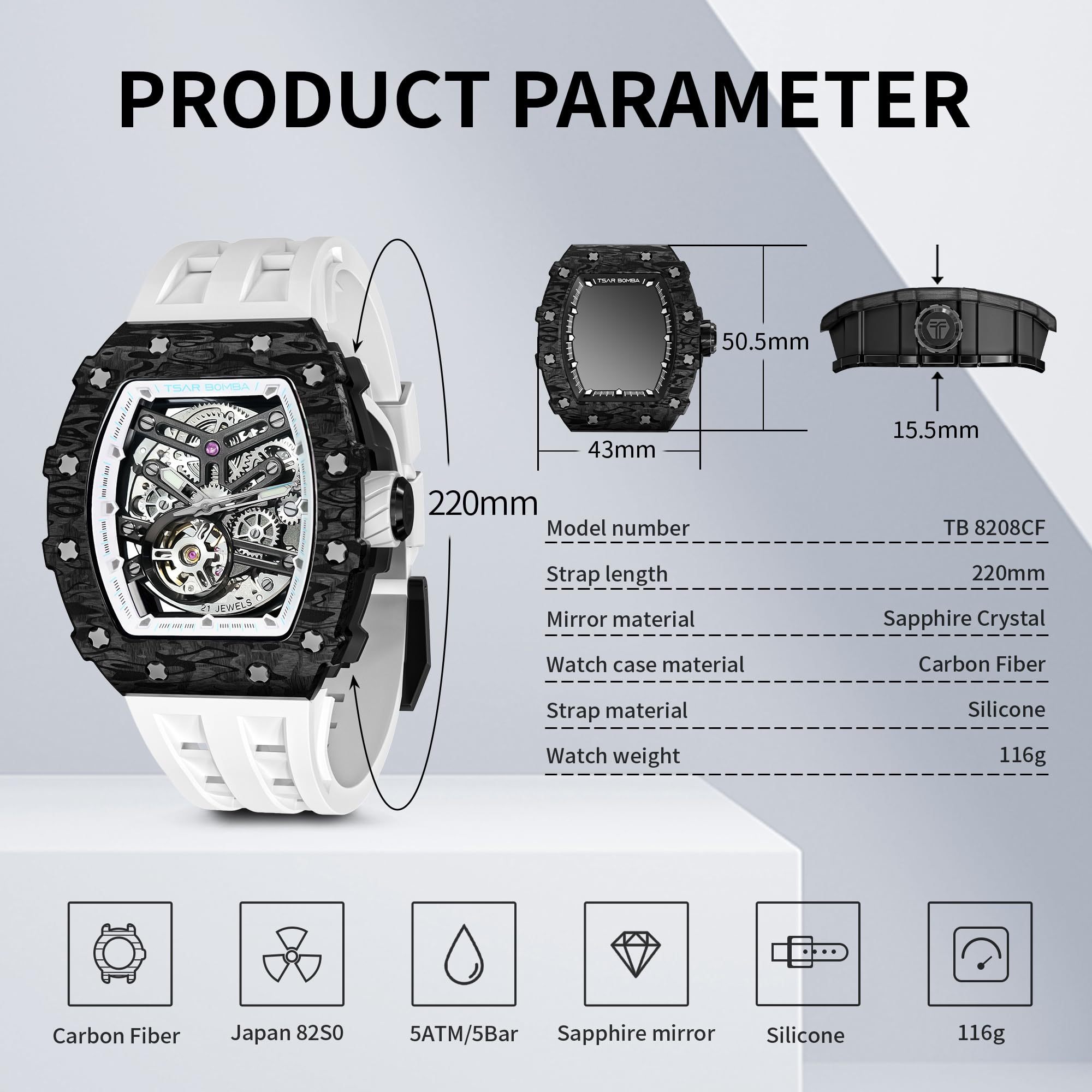 TSAR BOMBA Men's Luxury Automatic Skeleton Watch - Mechanical Tonneau Square Big Face Dial with Silicone Strap - 50M Waterproof Analog Wristwatch for Business, Casual & Formal Occasions