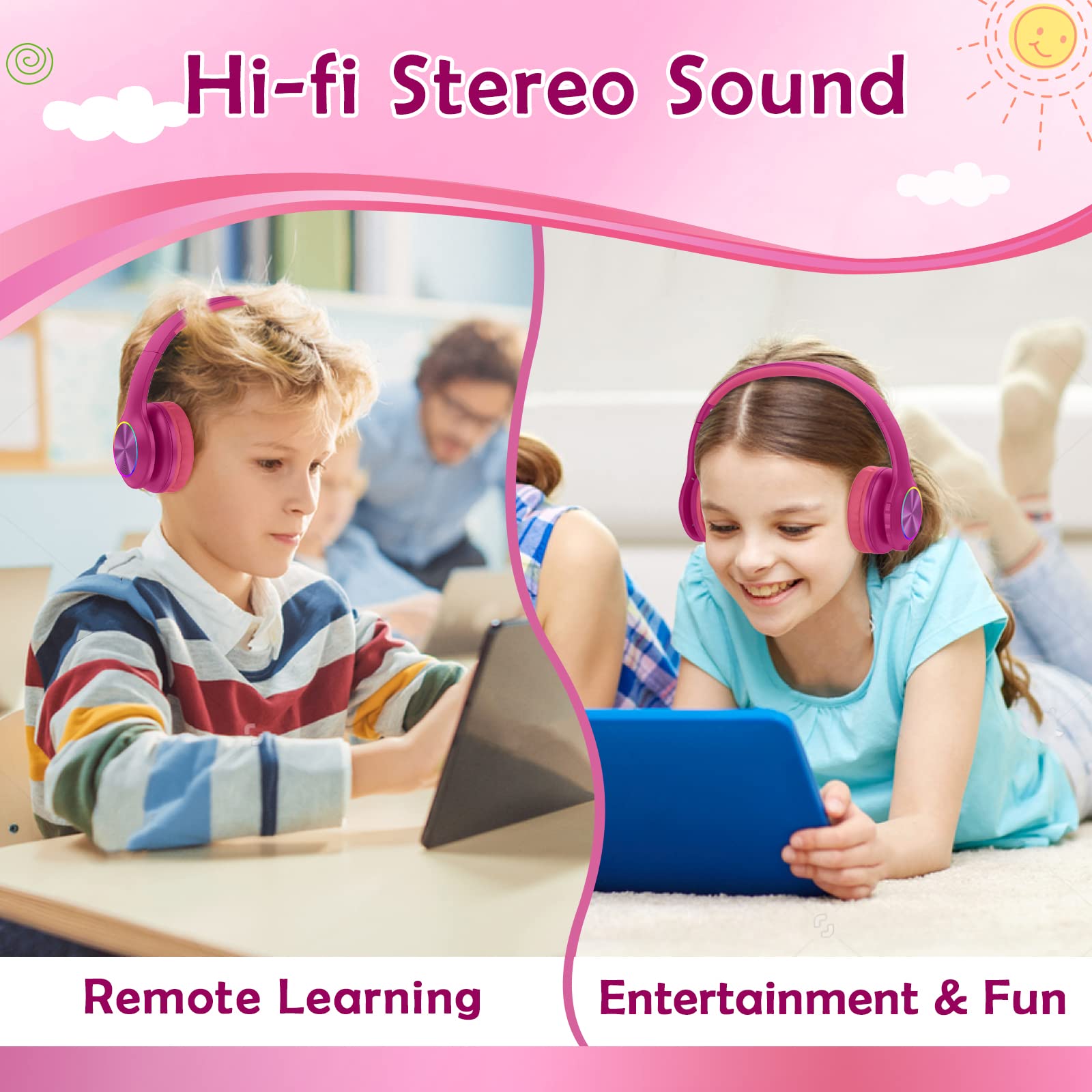 2024 Kids Bluetooth Headphones with LED Lights - Wireless Over-Ear Headset with Microphone, 94dB Volume Limit for Safe Listening - Compatible with iPad, PC, TV, Cellphones - Wired & TF Card Mode - Perfect for School, Travel, Gaming (Hot Red)