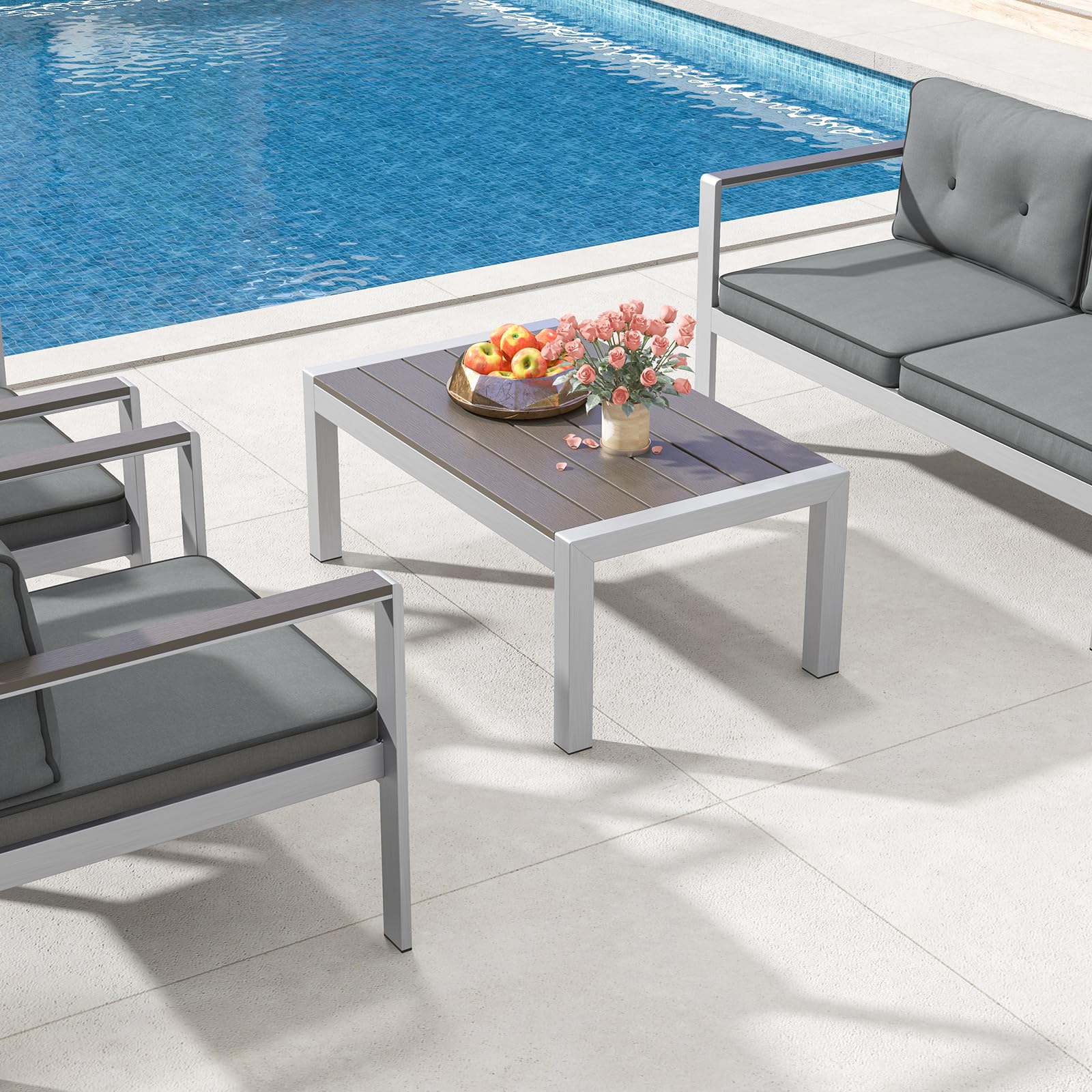 Outdoor Coffee Table with Aluminum Frame & WPC Top - All-Weather Patio Side Table for Backyard, Poolside, Garden - Durable Rectangular Cocktail Table for Outdoor Entertaining & Relaxation