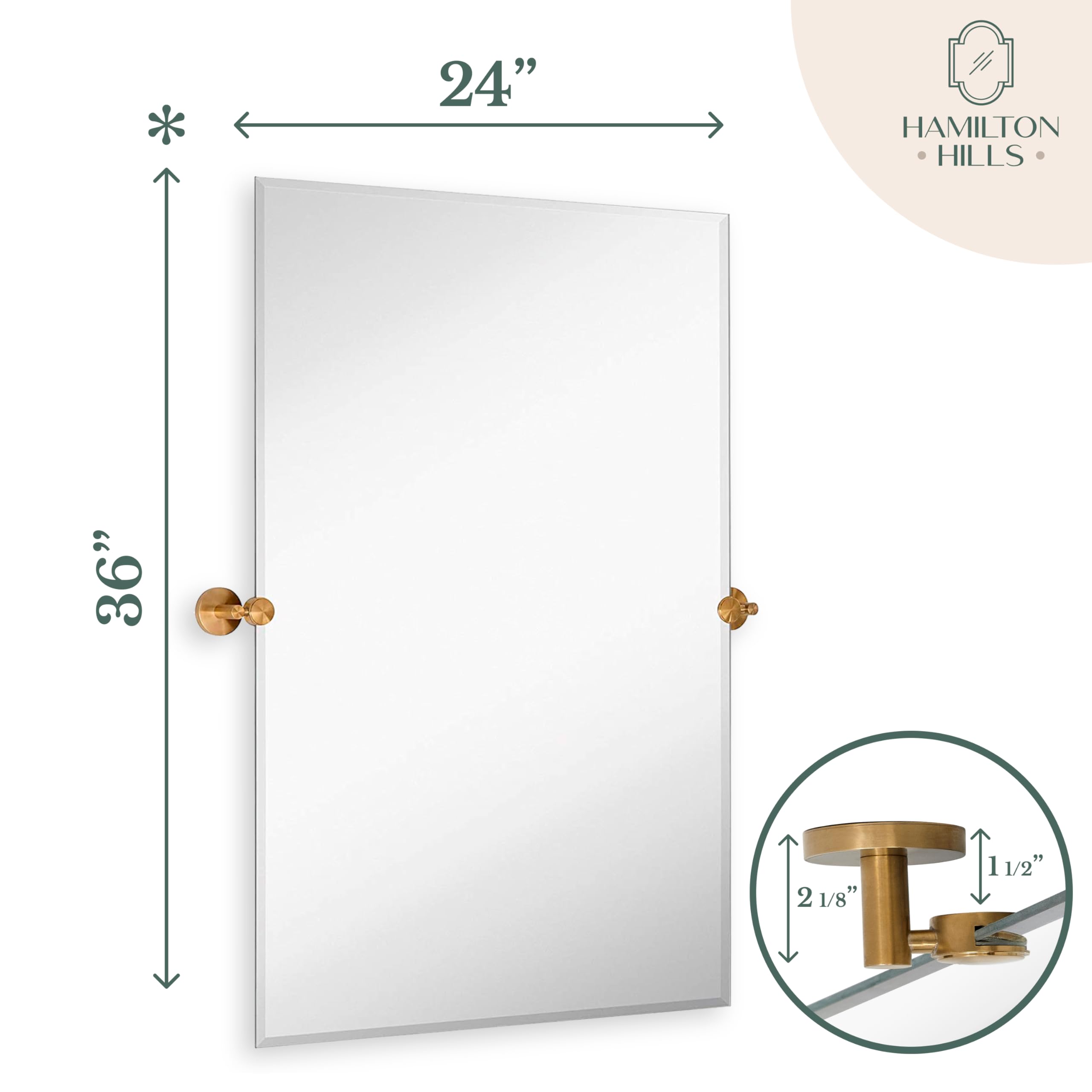Hamilton Hills 24x36 Inch Frameless Pivot Bathroom Mirror - Adjustable Tilting Rectangular Wall Mirror with Gold Rounded Brackets - Modern Vanity & Shower Decor for Bathroom, Bedroom, and Entryway