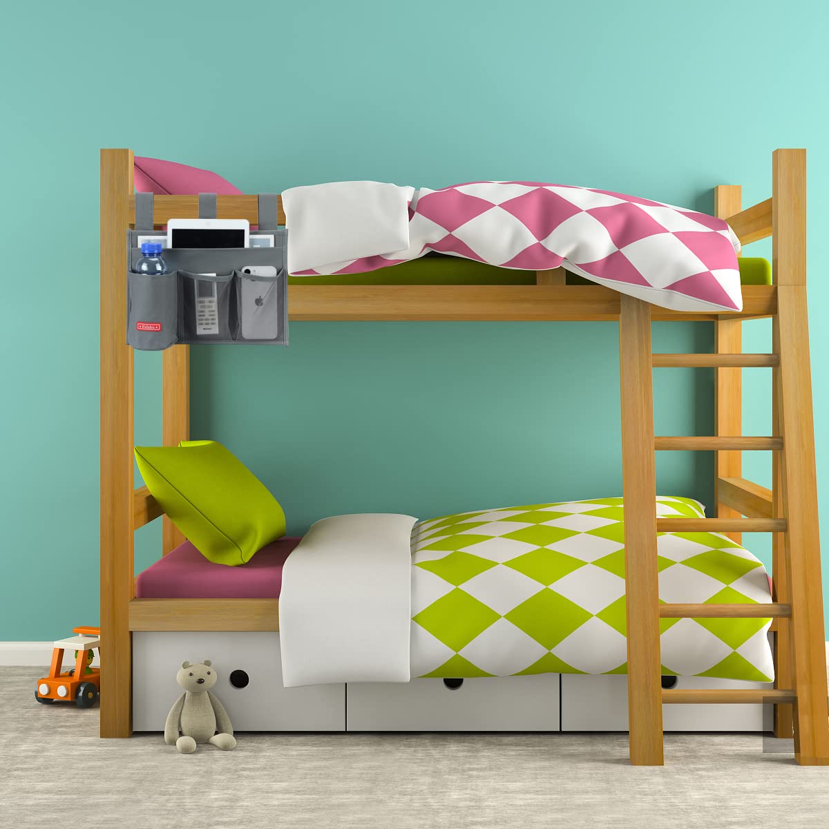 Hanging Bedside Caddy Organizer with 4 Pockets - Grey | Bed Rail Storage Pouch for Books, Phone, Remote & Essentials | Perfect for Small Spaces, Dorm Rooms & Nursing Homes