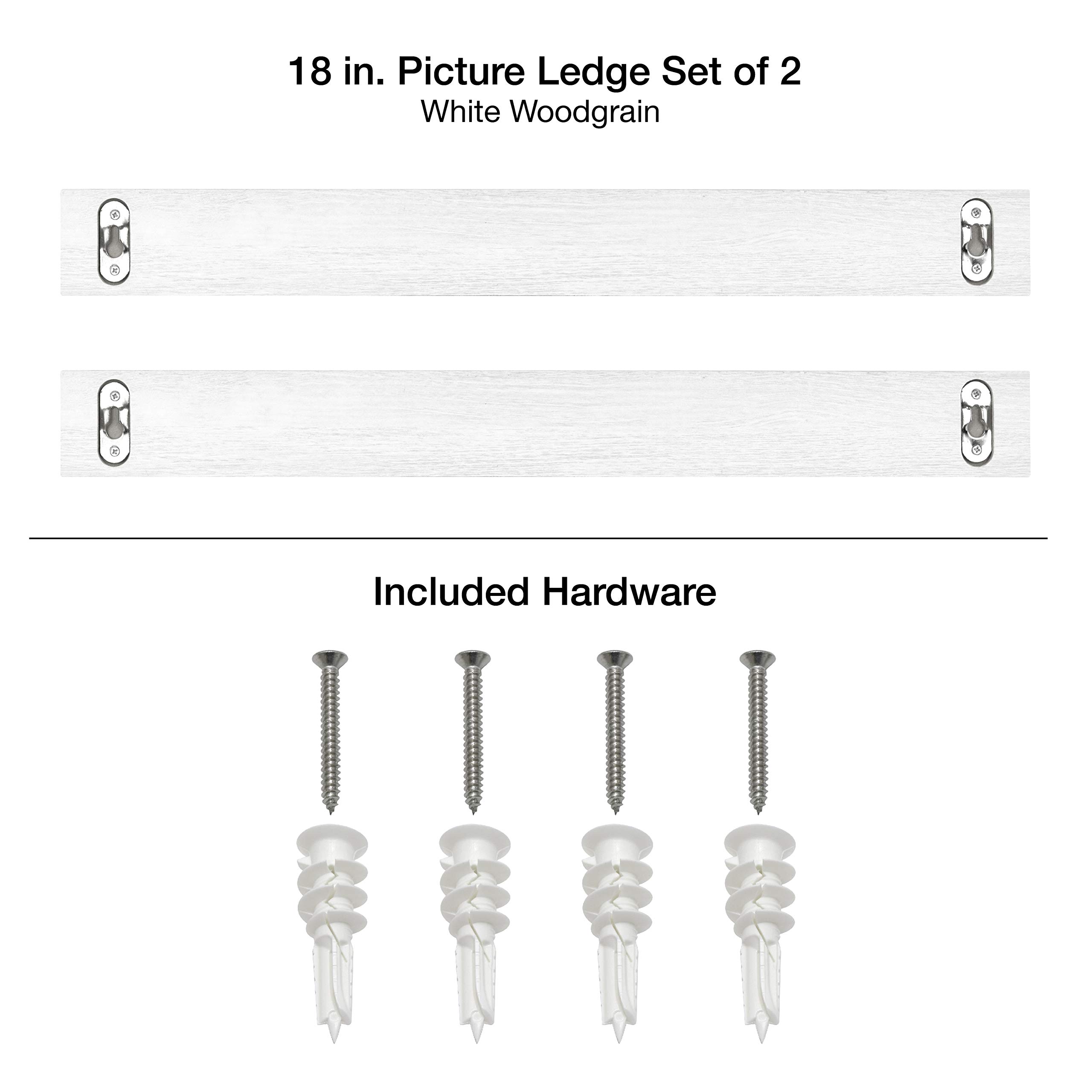 MCS 18 Inch White Woodgrain Floating Picture Ledge Shelf - Set of 2 - Modern Wall Decor for Living Room, Bedroom & Office - Perfect for Displaying Photos, Art & Collectibles