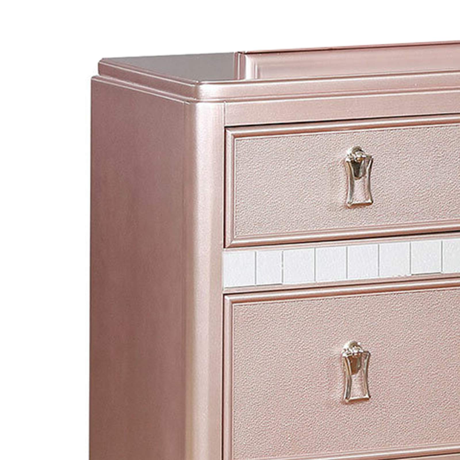 Benjara 7-Drawer Wooden Dresser with Mirror Panel Inserts in Rose Gold - Perfect for Bedroom Storage & Organization