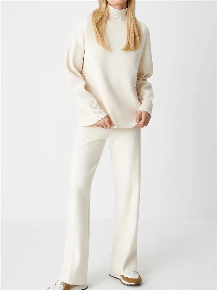 2024 Oversized Women's 2-Piece Knit Tracksuit Set - Half Turtleneck Sweater & Wide Leg Jogging Pants | Cozy Winter Outfit for Casual Wear, Lounge, and Street Style