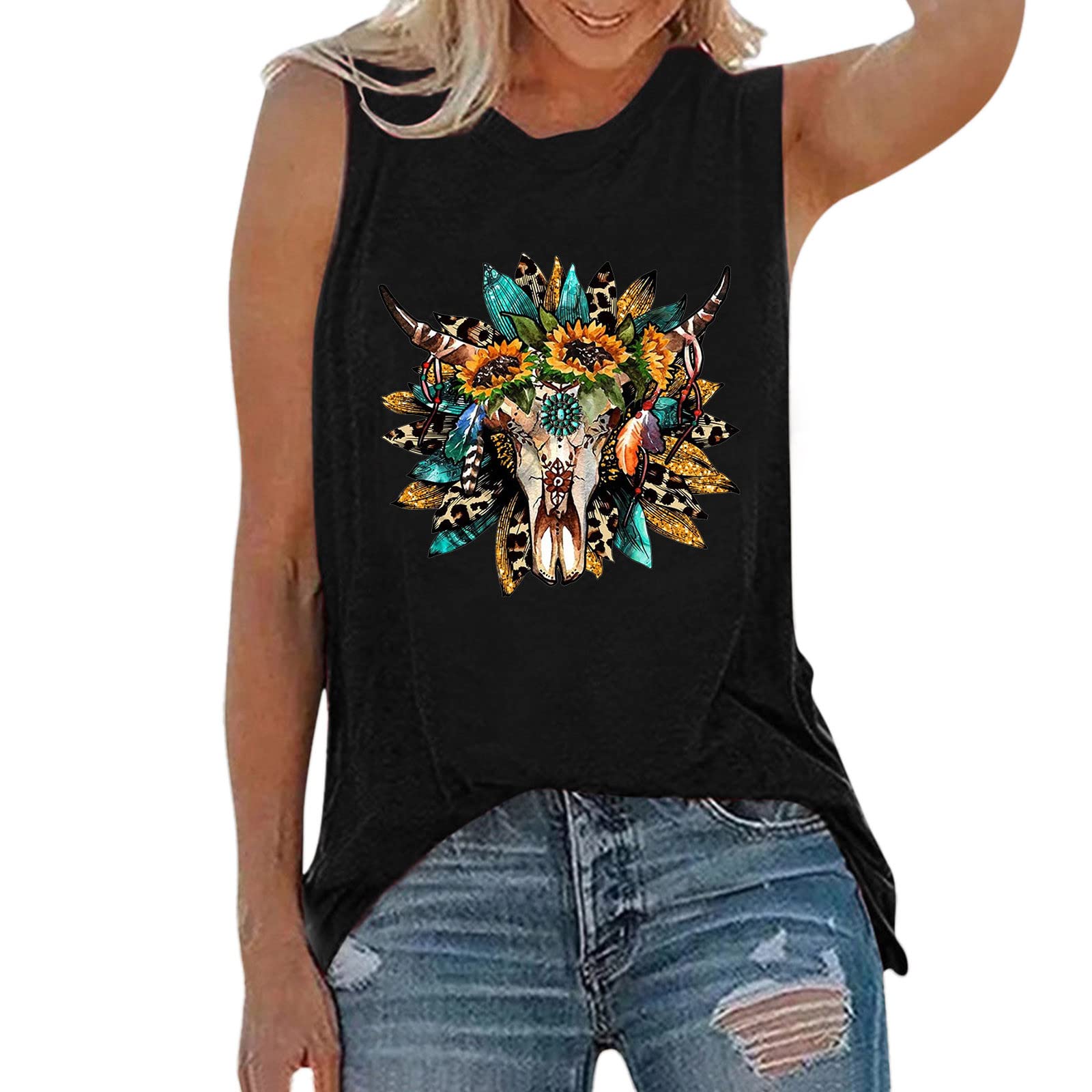 Women's Sleeveless Round Neck Summer Tank Tops - Loose Fit Casual Printed Blouse for Beach, Travel & Everyday Wear