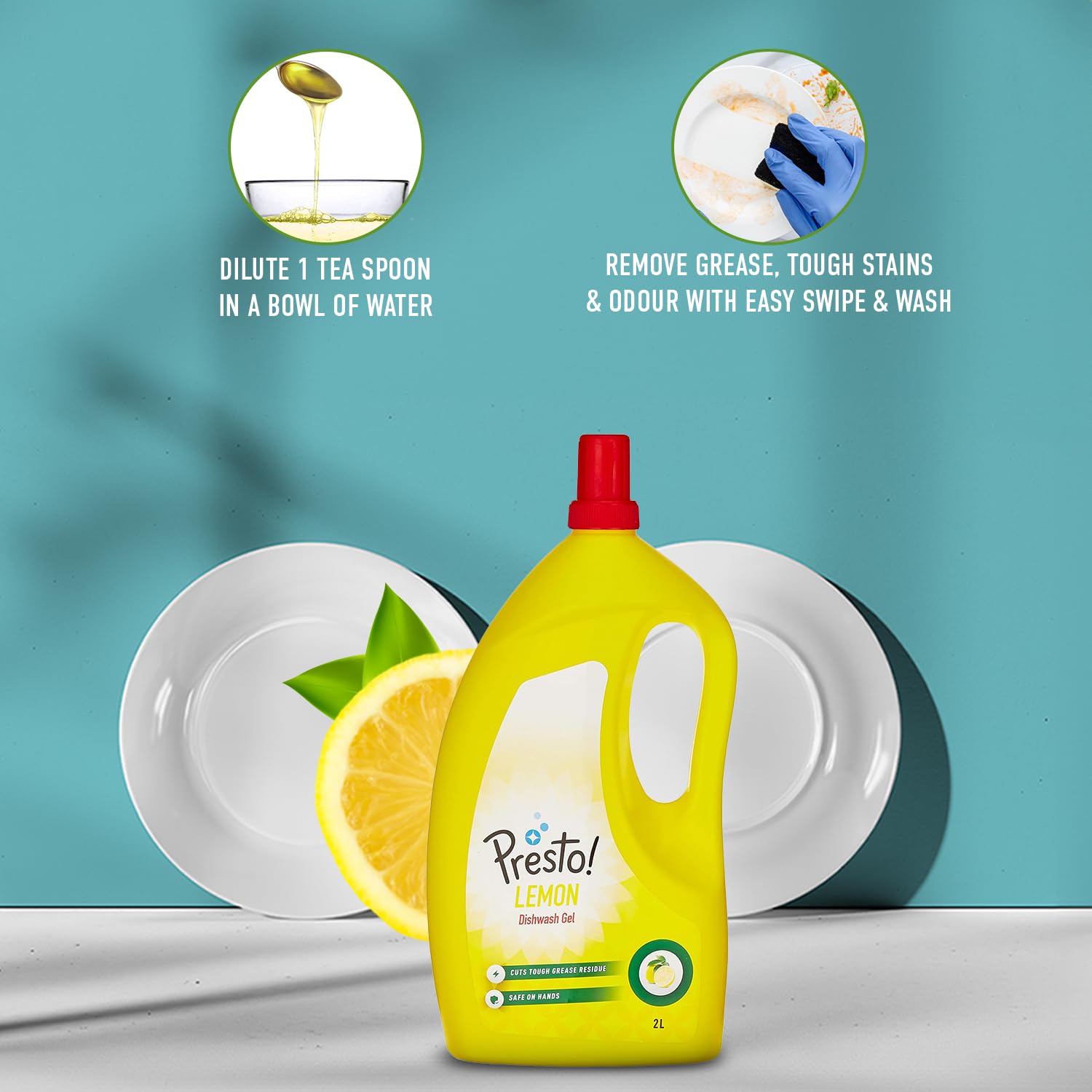 Presto! Lemon Dishwashing Gel - 2 Liter | Safe on Hands | Powerful Grease Cleaner for Pots, Pans & Utensils | Ideal for Kitchen, Camping & RV Use