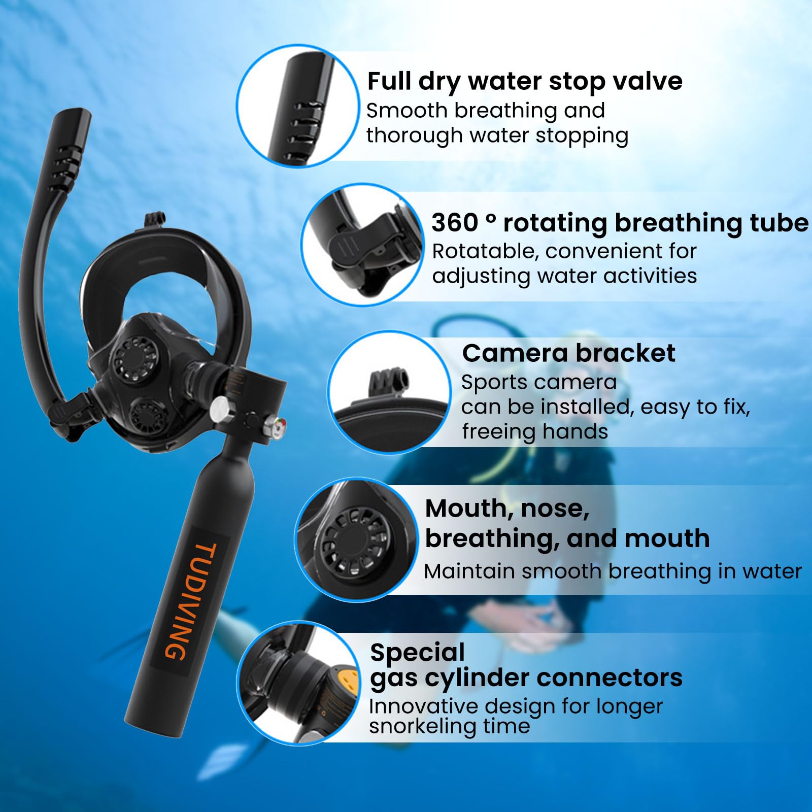 TUDIVING 0.5L Scuba Diving Tank Set with Full Face Snorkel Mask - Portable Mini Oxygen Cylinder for Underwater Diving, Breathing Training & Rescue - Ideal for Travel, Pool Training & Emergency Preparedness