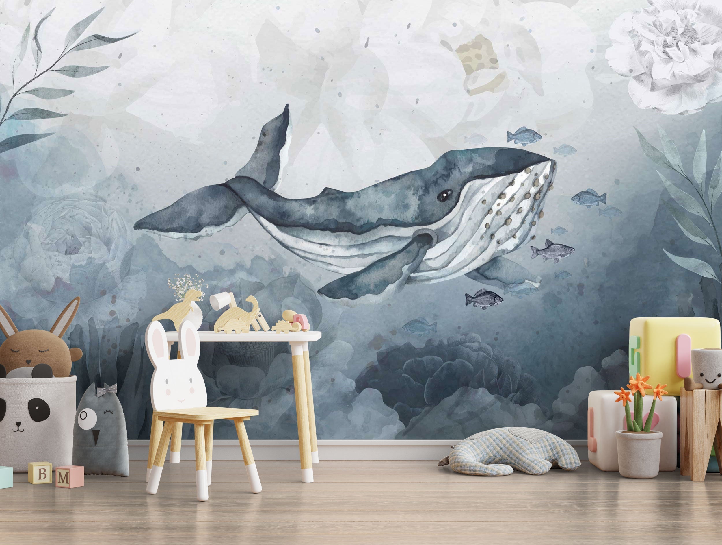 Whale Wallpaper Mural - Ocean Themed Wall Decor for Living Room, Nursery & Bedroom | Stunning Blue Whale Design | Peel & Stick Removable Wallpaper