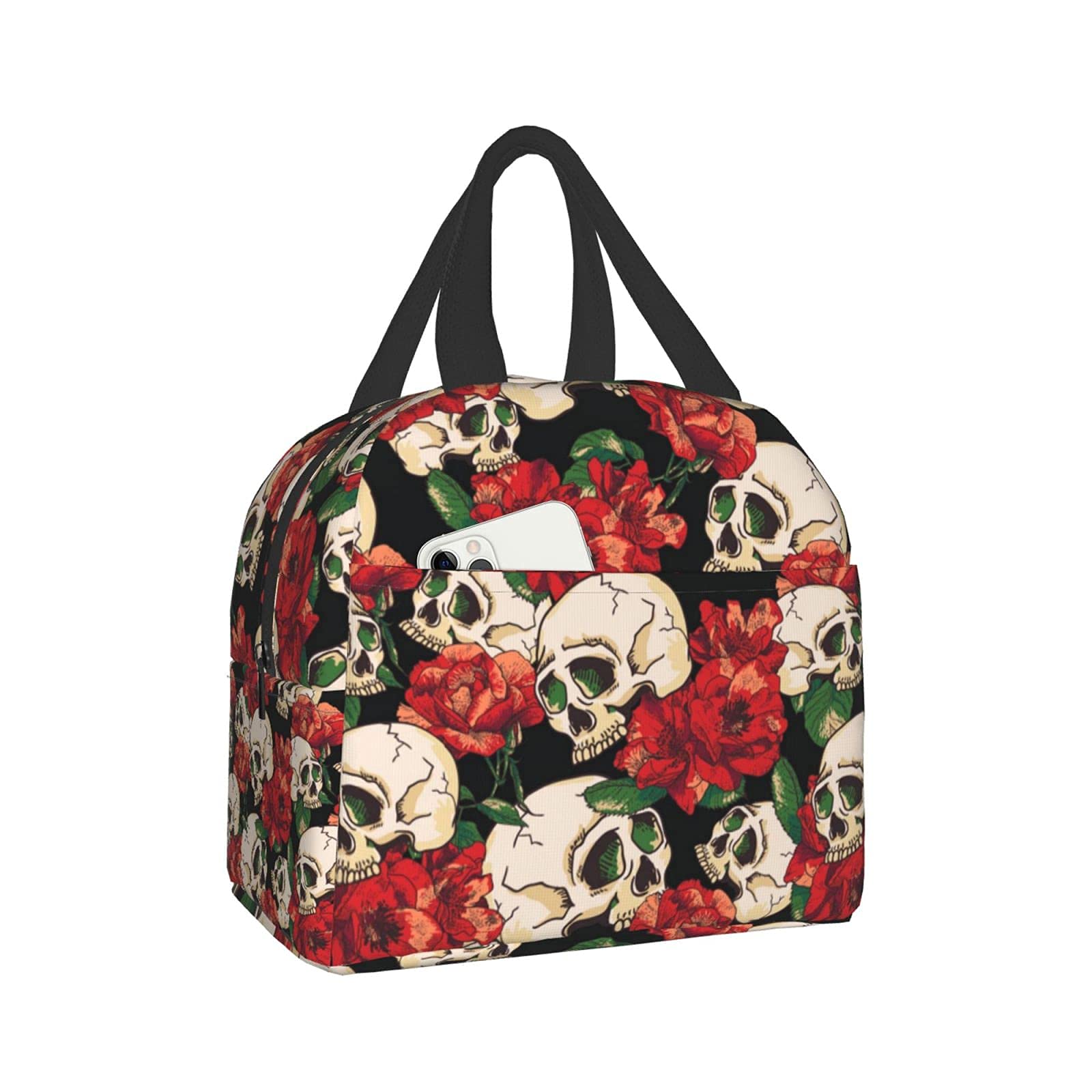 XIAOGUAISHOU Halloween Skull Floral Insulated Lunch Bag - Reusable Cooler Tote for Women, Office, Picnic, Work & Beach - Perfect for Meal Prep, Groceries & Outdoor Activities