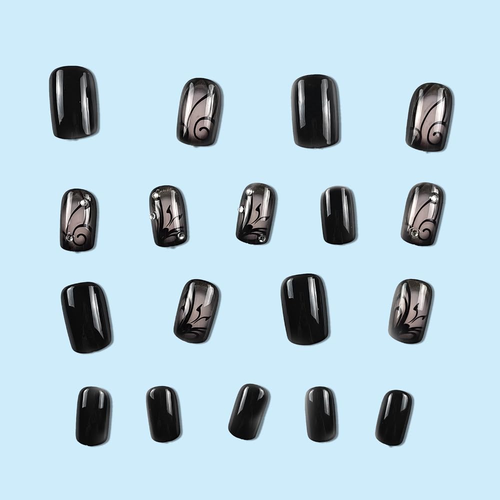 24Pcs Black Press on Nails Short Square - Acrylic Fake Nails with Glossy Finish & Vine Design | Easy Glue-on Full Cover Artificial Nails for Women & Girls | Perfect for Summer, Parties, Weddings & Daily Wear