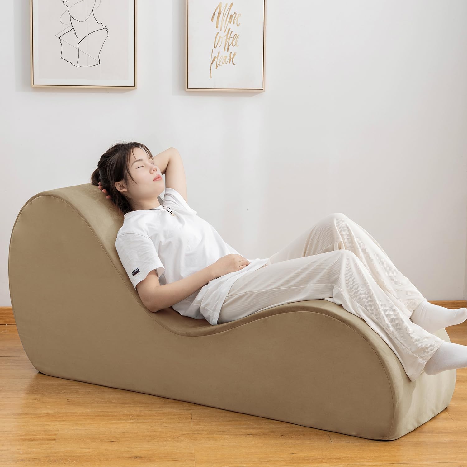 Premium Velvet Yoga Chaise Lounge Chair for Stretching & Relaxation - Non-Slip Bottom with Side Pockets & Removable Cover - Perfect for Couples, Adults & Home Yoga Practice in Bedroom, Living Room or Studio (Beige)