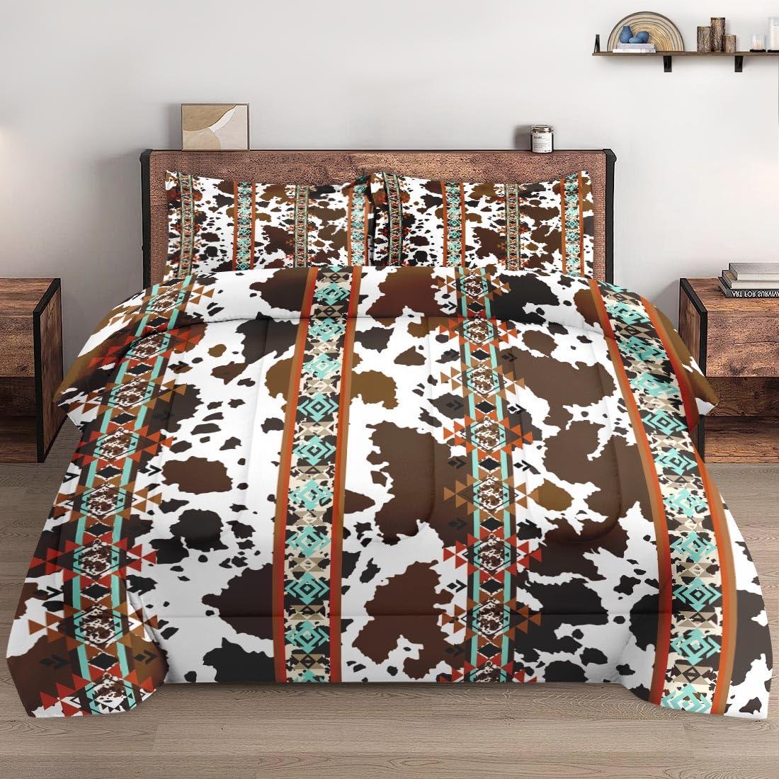 Vintage Cowhide Comforter Set Queen Size - 3 Piece Soft Bedding Set with 2 Pillowcases, Brown Animal Print Retro Style for Kids & Adults | Cozy Bedroom Decor for Farmhouse, Western or Rustic Themed Rooms