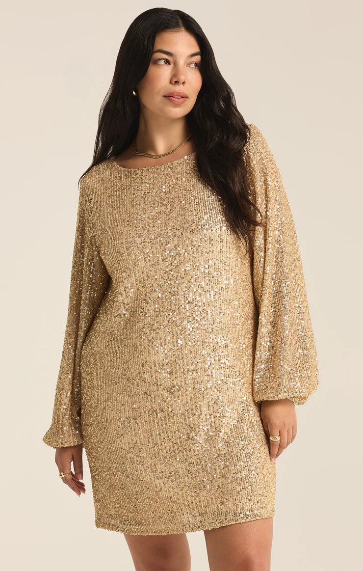 Z Supply Andromeda Champagne Sequin Mini Dress - Sparkly Party Dress for Women, Night Out, Wedding Guest, Holiday Celebration