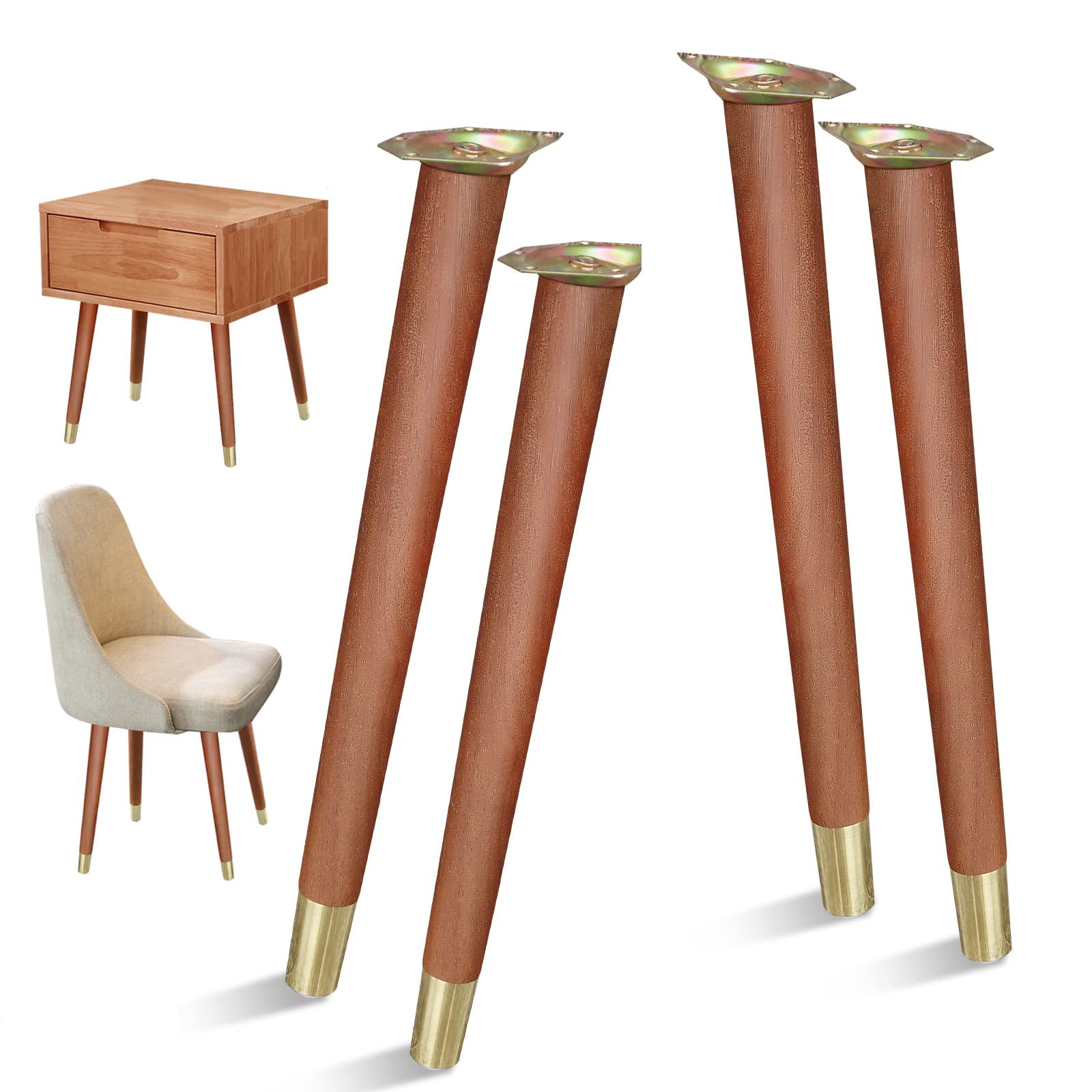 16 Inch Wooden Table Legs Set of 4 - Mid Century Style Replacement Furniture Legs for Coffee Tables, End Tables, Chairs & Desks - Includes Mounting Screws in Walnut Finish - Perfect for Home Office & Living Room Decor