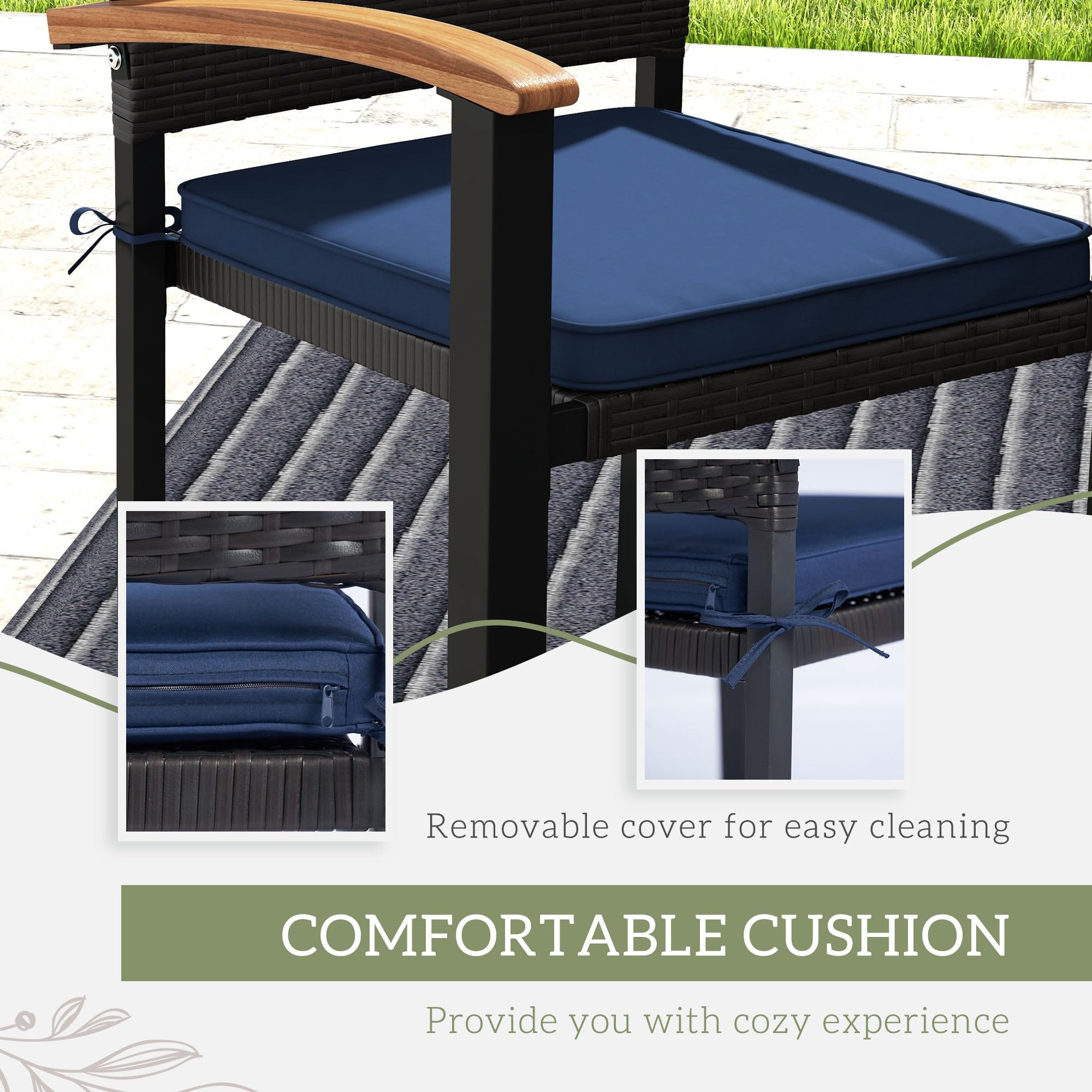 Outsunny 7-Piece Patio Dining Set with Space-Saving Design - Acacia Wood Table & Cushions - Outdoor Wicker Furniture for Backyard, Balcony, Garden, Deck (Black) | Perfect for Al Fresco Dining & Entertaining