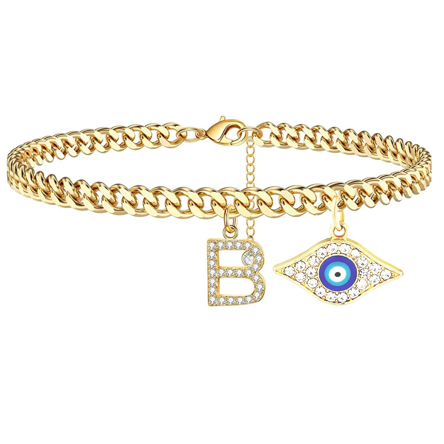 18K Gold Plated Initial Ankle Bracelet for Women - Dainty Cuban Link CZ Letter Evil Eye Anklet, Summer Jewelry Gift for Women & Teen Girls | Perfect for Beach, Vacation & Everyday Wear