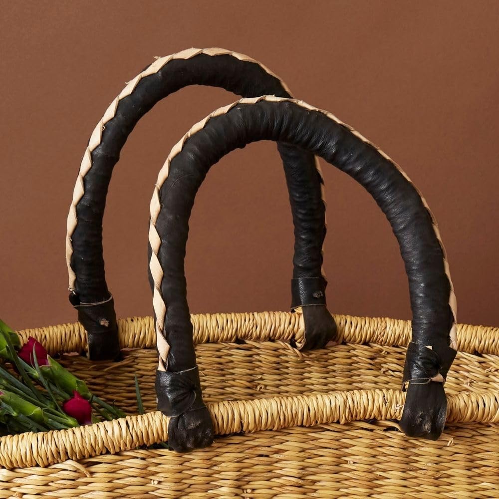 Handwoven Bolga Ghana Market Picnic Grocery Basket - Eco-Friendly African Woven Storage - Perfect for Farmers Market, Beach Outings & Home Decor (Black)