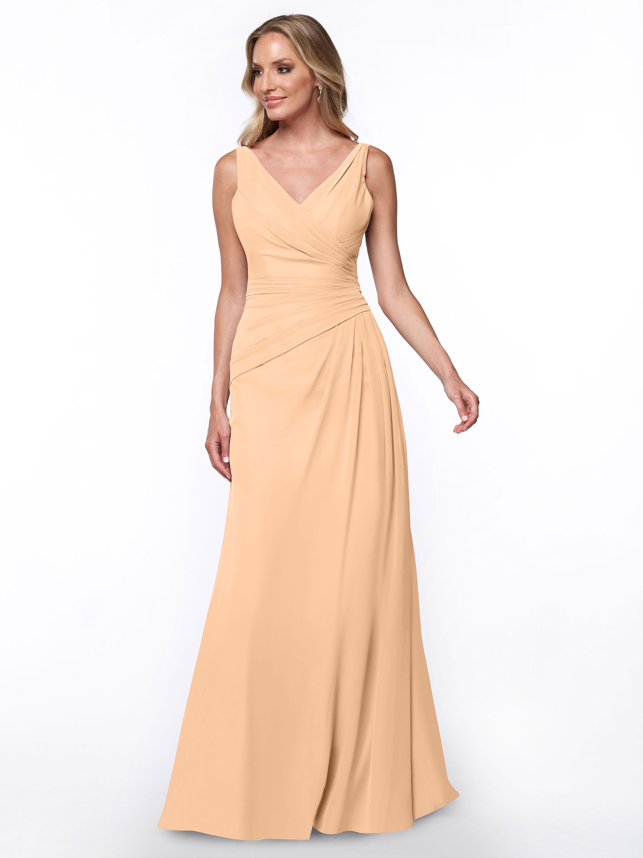 Elegant 80030 Chiffon Sheath Bridesmaid Dress with Ruching V-Neck Bodice - Perfect for Weddings, Formal Events & Special Occasions