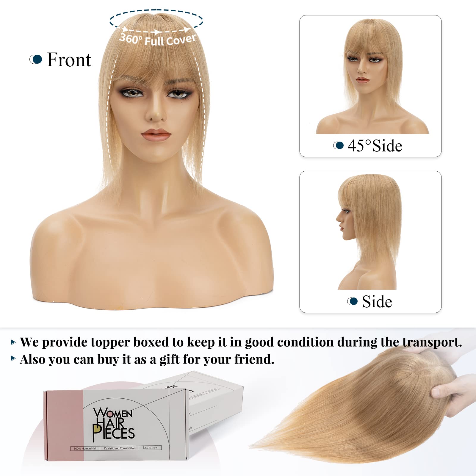Benehair Clip-in Hair Topper with Bangs - 100% Human Hair Top Hairpiece for Women with Thinning Hair | 16 Inch 48g #27 Dark Blonde | Natural-Looking Fringe Bang Replacement Wiglet for Everyday Wear & Special Occasions