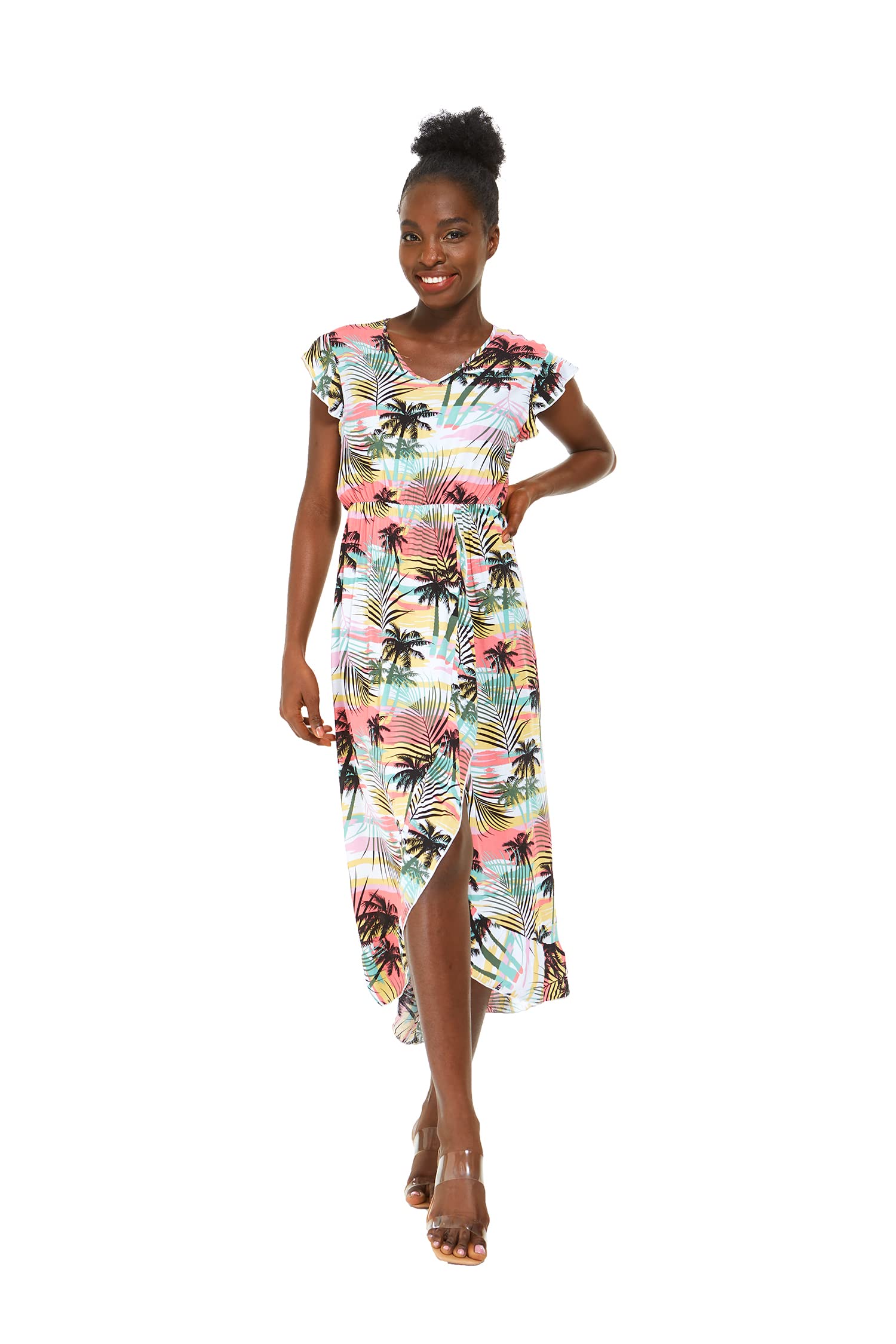 Hawaiian Luau Wrap Ruffle Dress for Women - Floral Hibiscus Vine Print - Perfect for Beach Parties, Summer Vacations & Tropical Themed Events