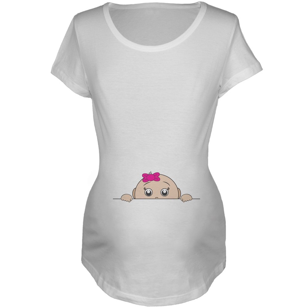 Old Glory Peeking Baby Girl White Maternity T-Shirt - Large | Patriotic Pregnancy Shirt for 4th of July & Gender Reveal | Comfortable Cotton Tee for Expecting Moms