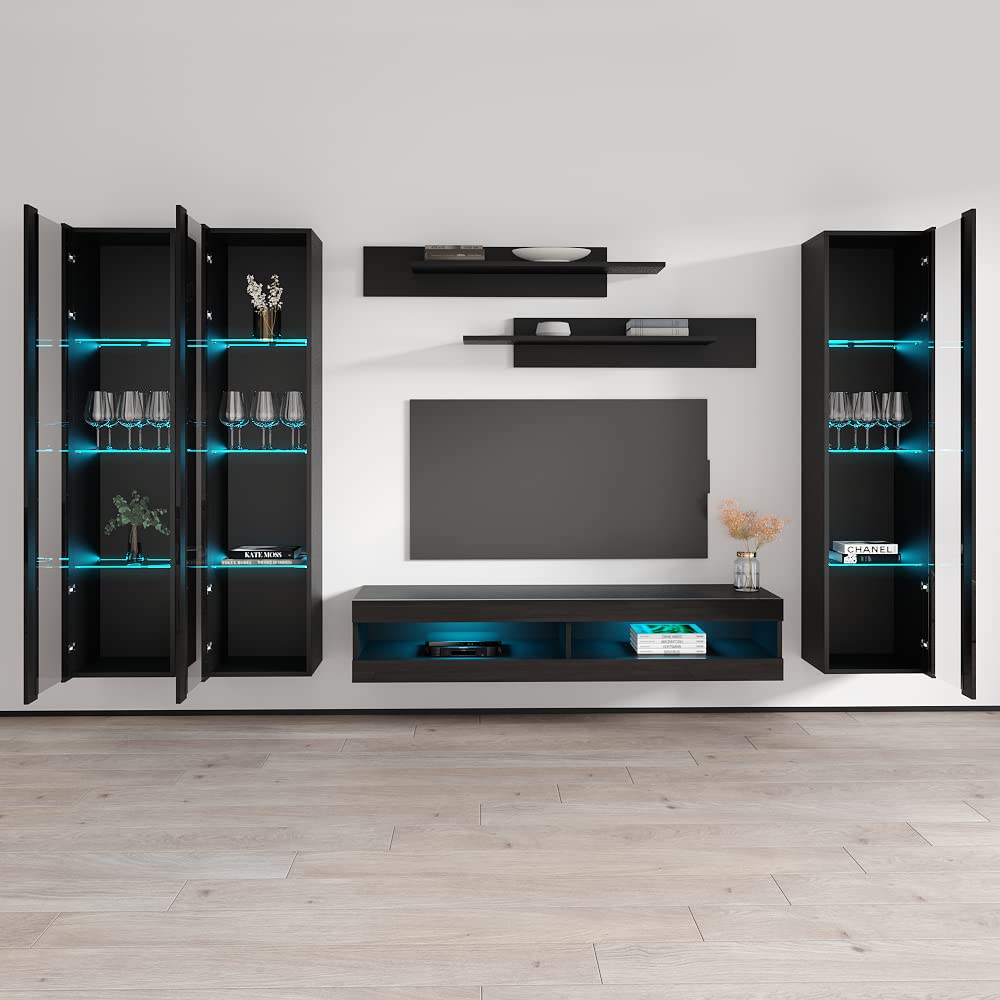 Modern Wall-Mounted TV Stand with Storage Shelves & LED Lights - 34