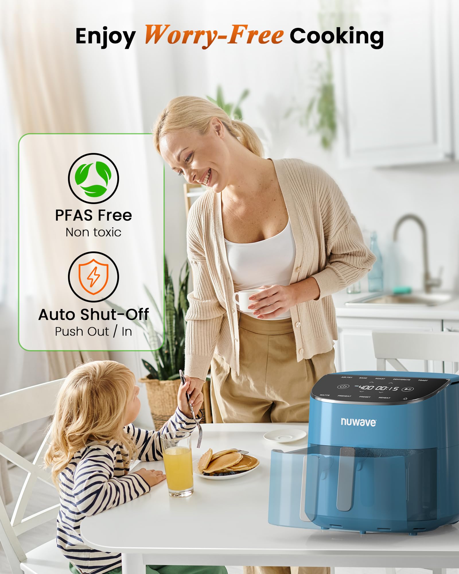 Nuwave Brio Plus 8 Qt Air Fryer - PFAS-Free, 7-in-1 Digital Cook Functions (Air Fry, Bake, Roast, Dehydrate, Toast, Reheat, Preheat) with 150 Presets & 50°F-400°F Temperature Range - Perfect for Healthy Cooking, Meal Prep & Family Dinners