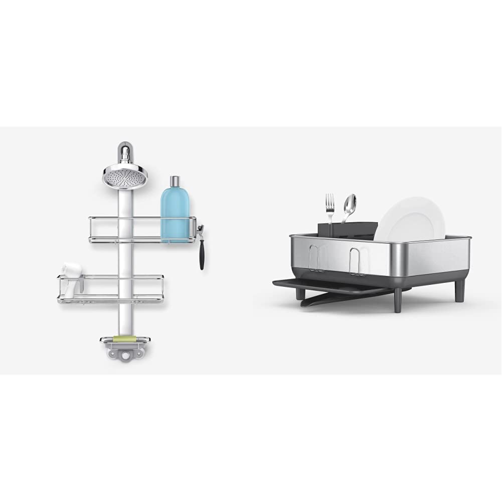 simplehuman Adjustable Shower Caddy & Compact Kitchen Dish Drying Rack - Stainless Steel, Anodized Aluminum, Fingerprint-Proof Frame - Perfect for Bathroom Organization & Kitchen Counter Space Saving