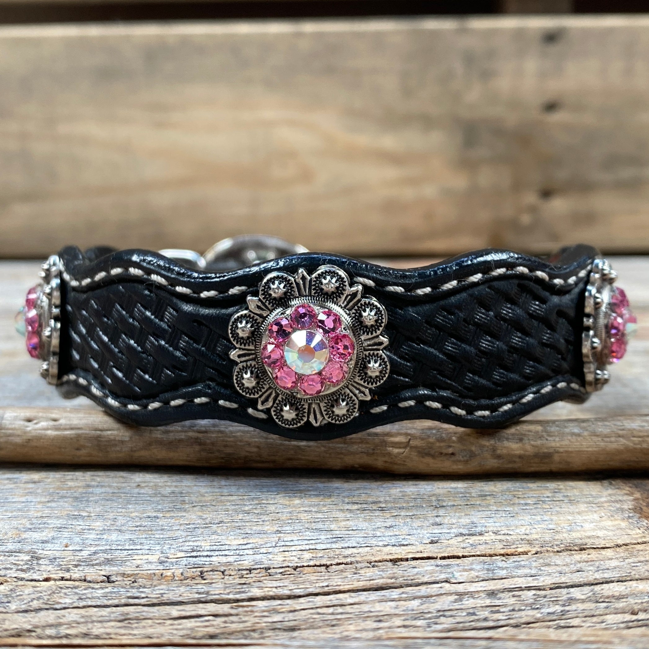 Premium Genuine Leather Dog Collar with Antique Silver Pink & AB Conchos - Adjustable 10-22 Inches (DC40) - Durable & Stylish for Daily Walks, Training, and Fashion Pet Accessories
