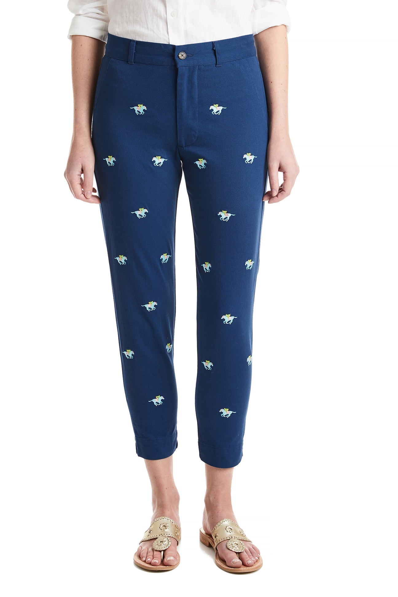 Women's Stretch Twill Capri Pants with Ankle Length - Nantucket Navy & Pastel Horse Print | Casual Summer Wear, Beach Outfits, Equestrian Style Fashion