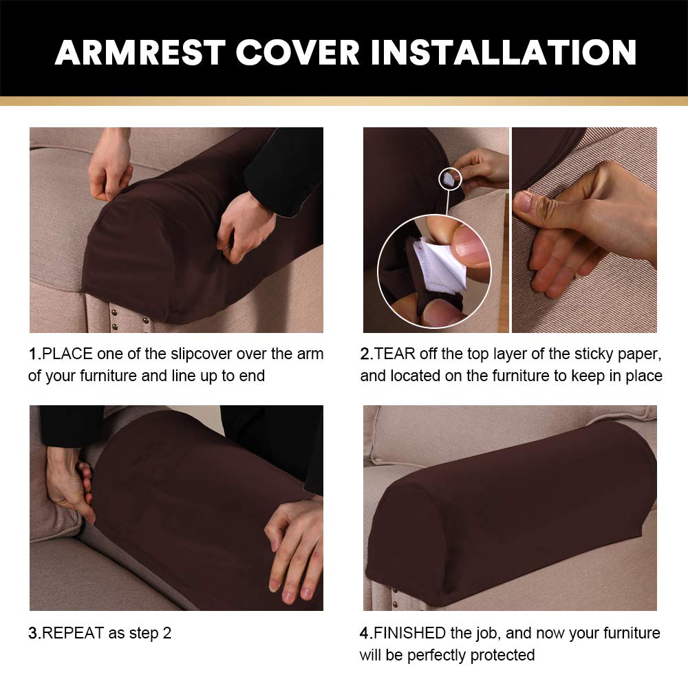 PrinceDeco 2 Pack Thick Velvet Stretch Armrest Covers - Non-Slip Sofa & Chair Arm Protectors for Living Room, Office, Dorm - Soft Brown Fabric Covers for Furniture Protection & Style Upgrade