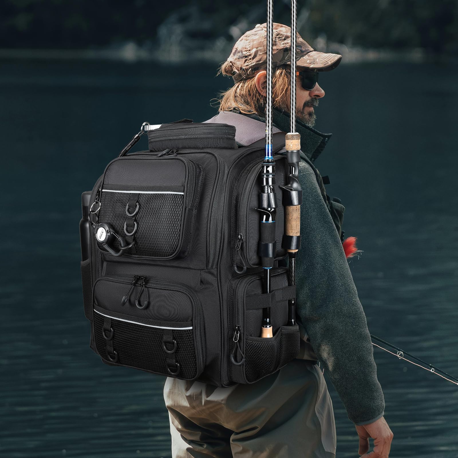 42L Waterproof Fishing Backpack with Rod Holder, Adjustable Partition & Insulated Liner - Lightweight Large Hiking Pack for Outdoor Adventures, Camping & Travel