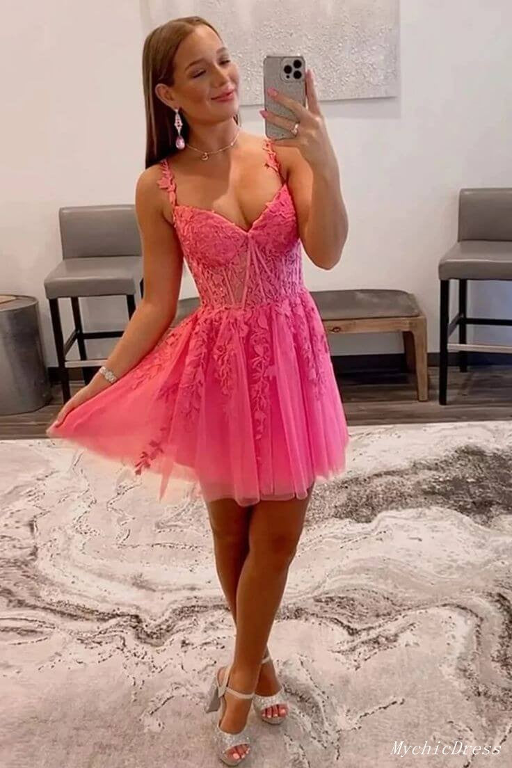 Hot Pink Short Lace Prom Dress 2025 - Off Shoulder Homecoming Dress for Teens, Sweet 16 Party, Quinceañera & Formal Events