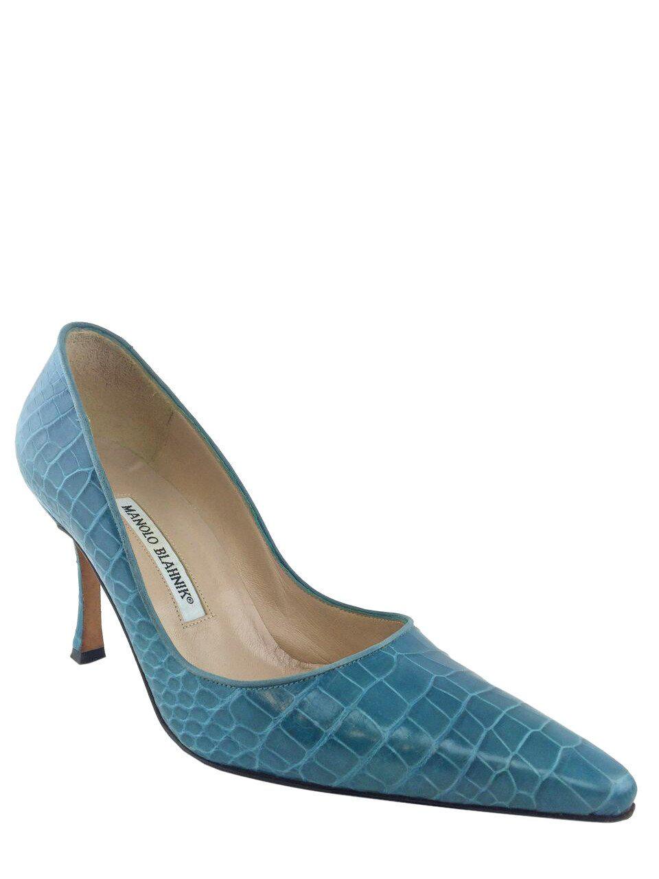 Manolo Blahnik BB Crocodile Leather Pumps Women's Size 7 (IT37) - Elegant Pointed Toe Heels for Weddings & Evening Events